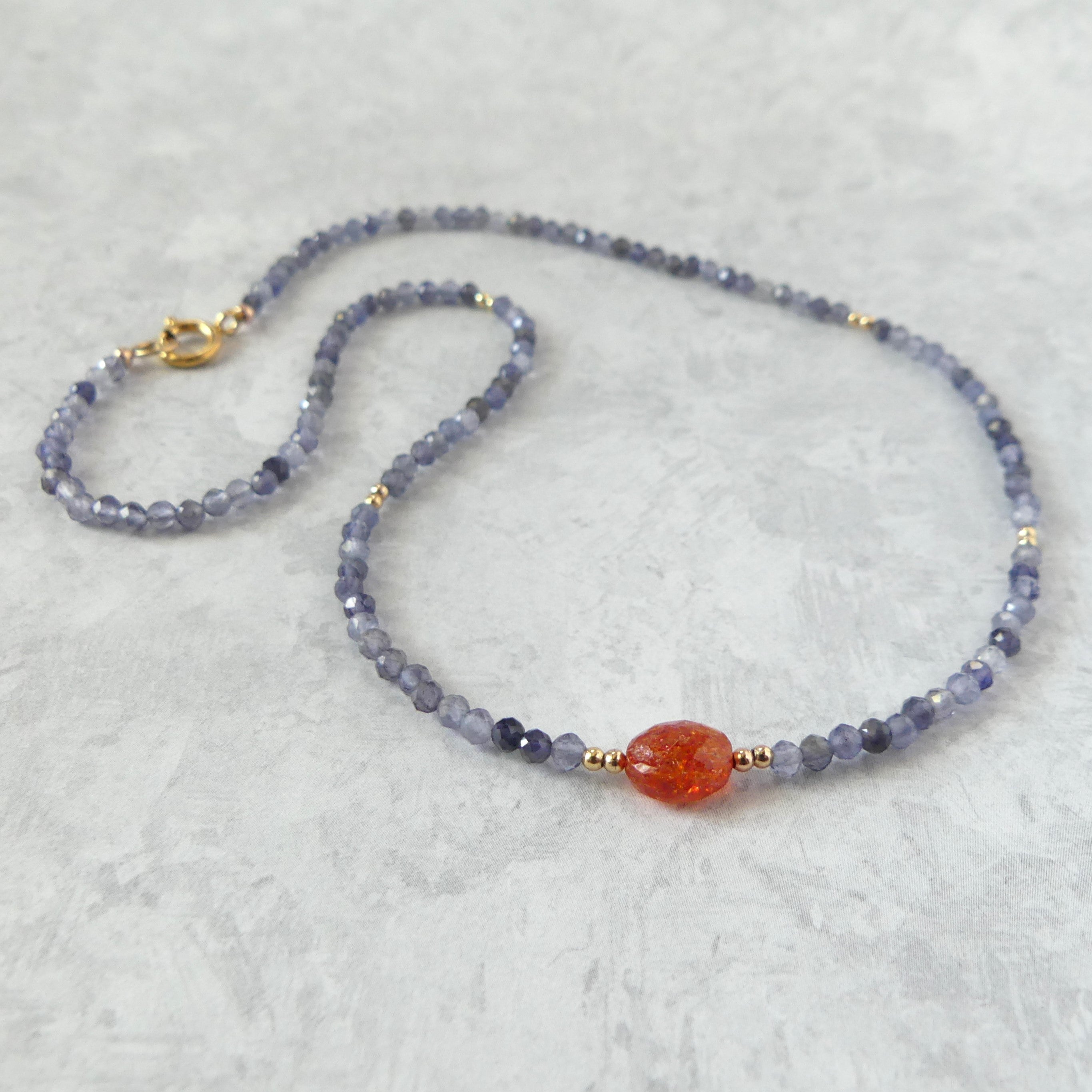 dainty iolite and sunstone beaded necklace meaningful gift delicate jewelry unique and handmade