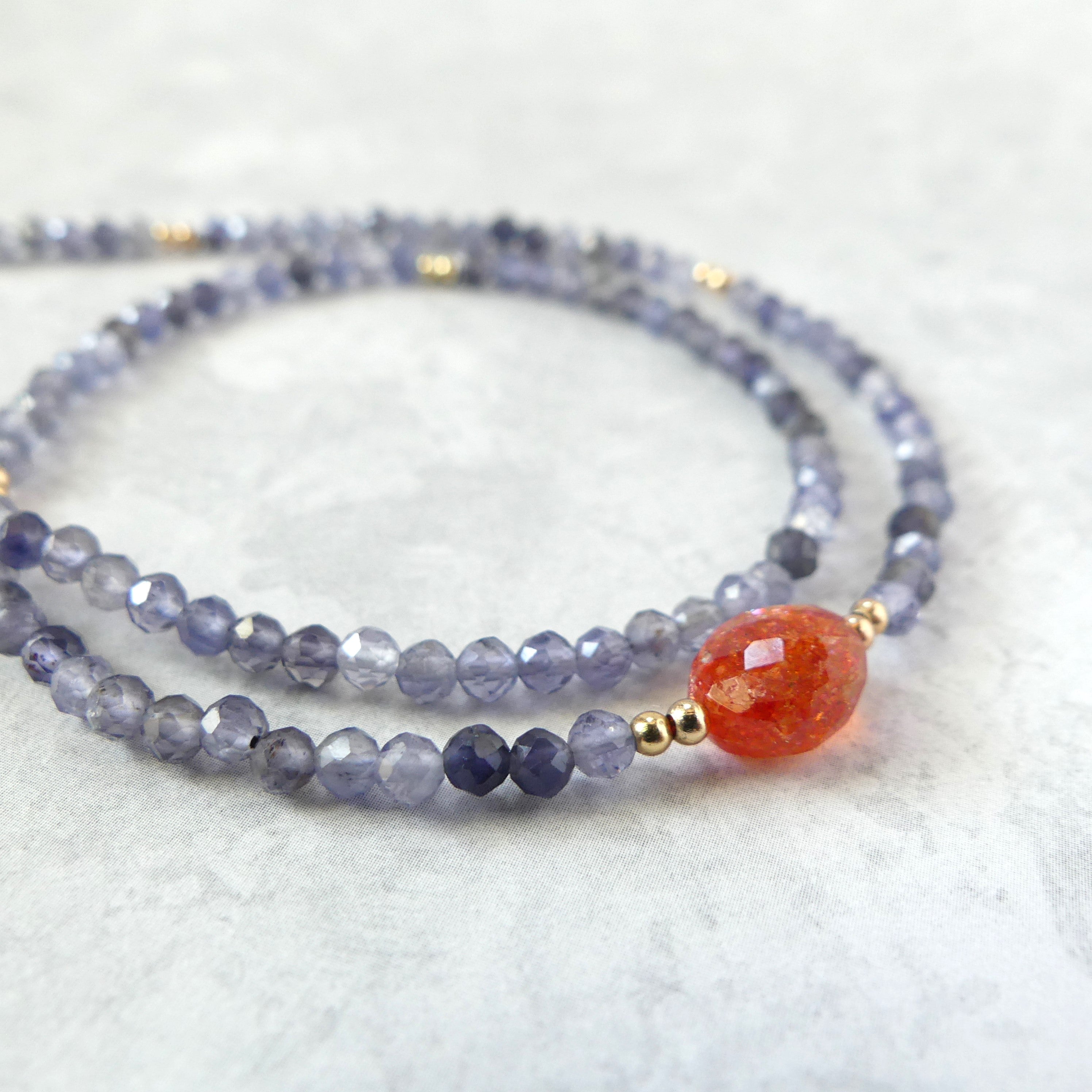 dainty iolite and sunstone beaded necklace meaningful gift delicate jewelry unique and handmade