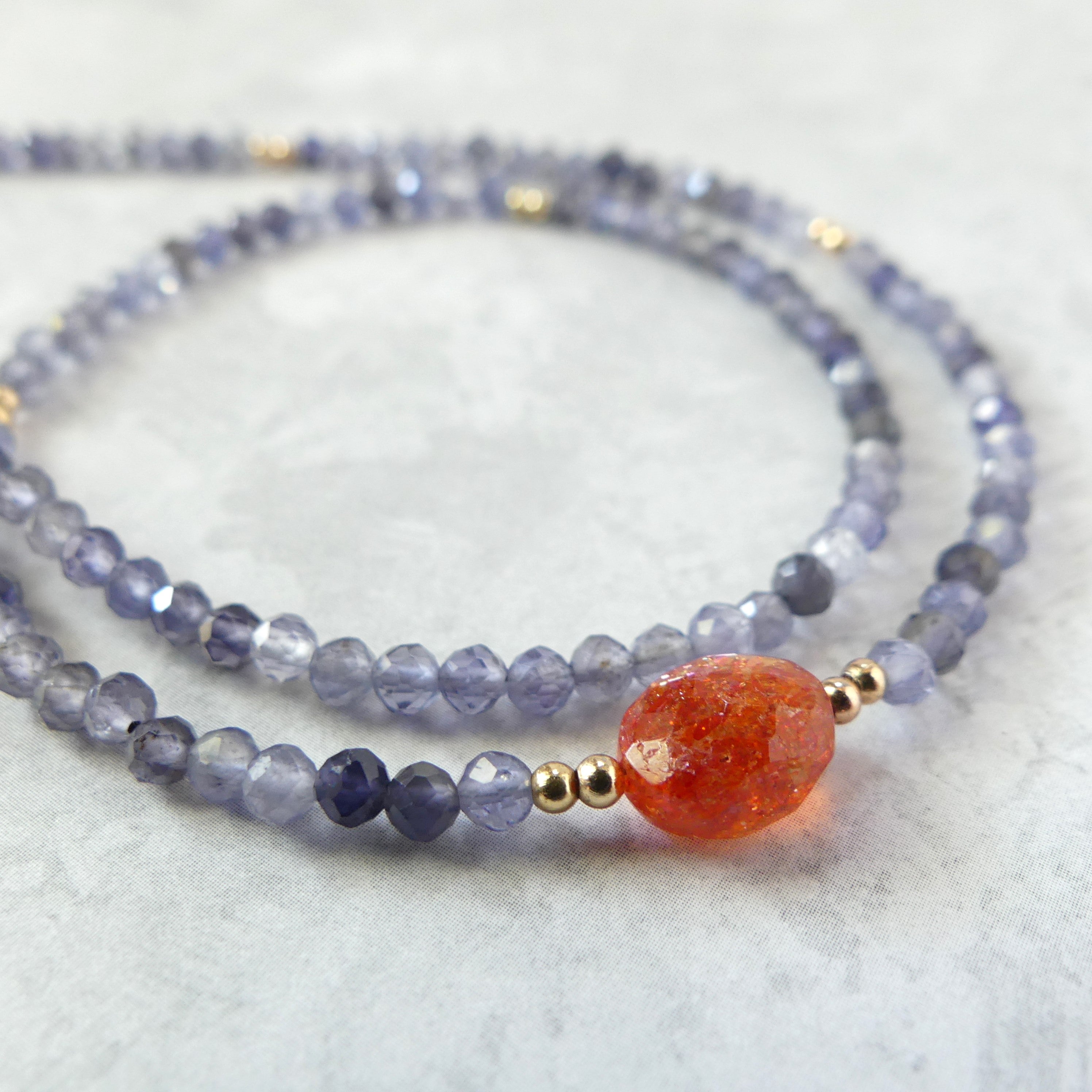 dainty iolite and sunstone beaded necklace meaningful gift delicate jewelry unique and handmade