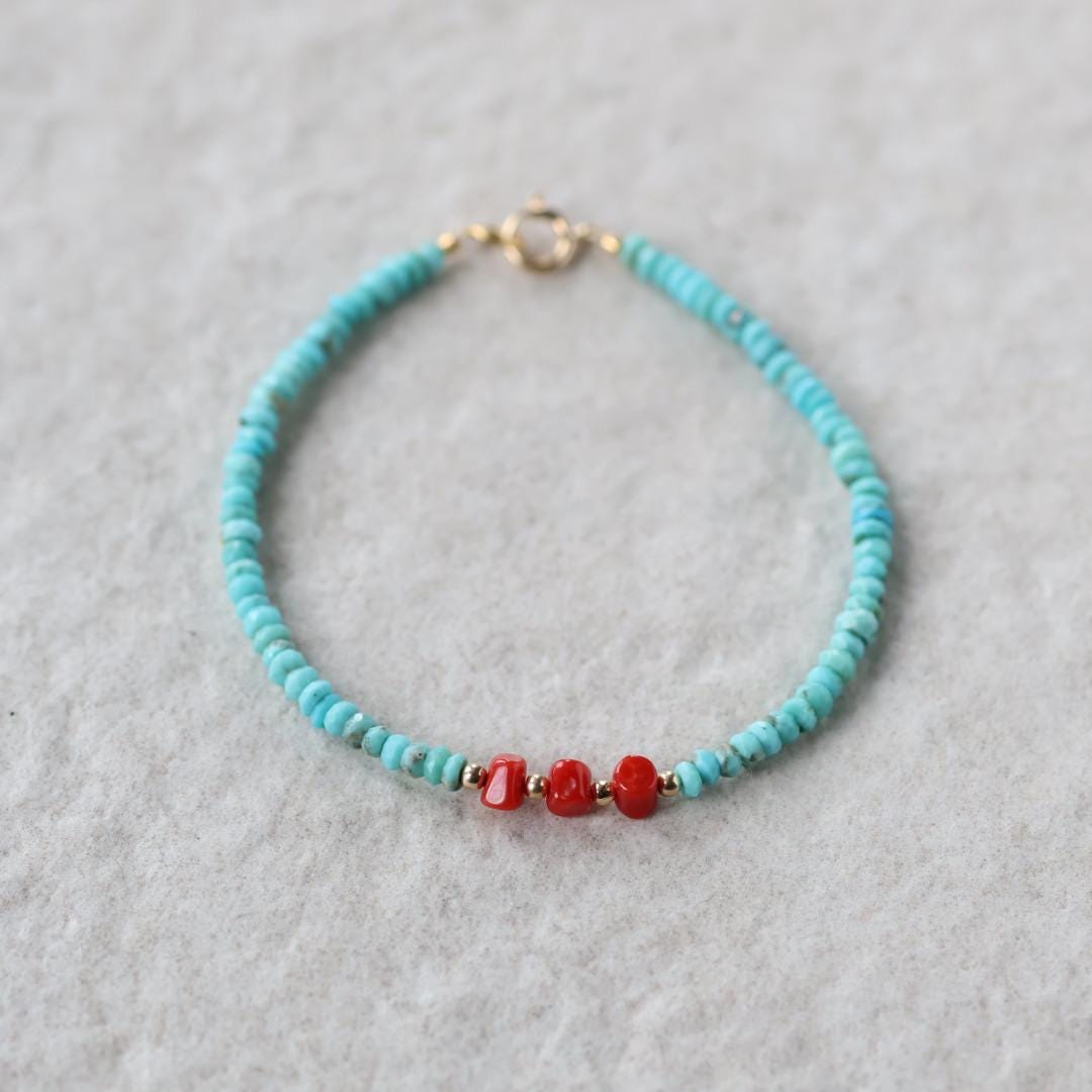 Arizona Turquoise And Italian Coral Bracelet Dainty Gemstone Jewelry Minimalist December Birthstone Birthday Gift Women Christmas Mom Wife