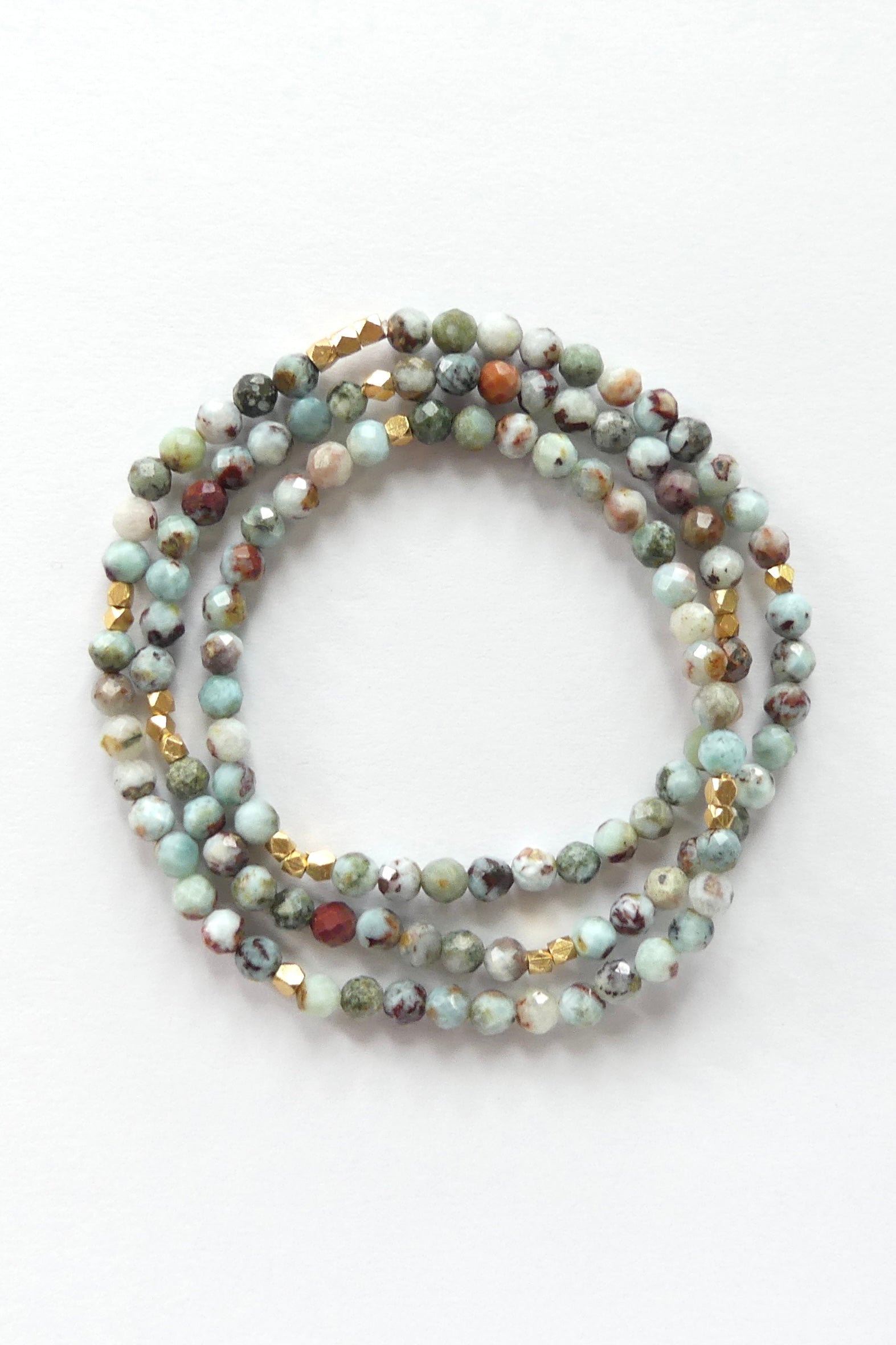 Triple wrap larimar bracelet or necklace made with 4mm faceted beads and gold vermeil accents in Caribbean ocean colors