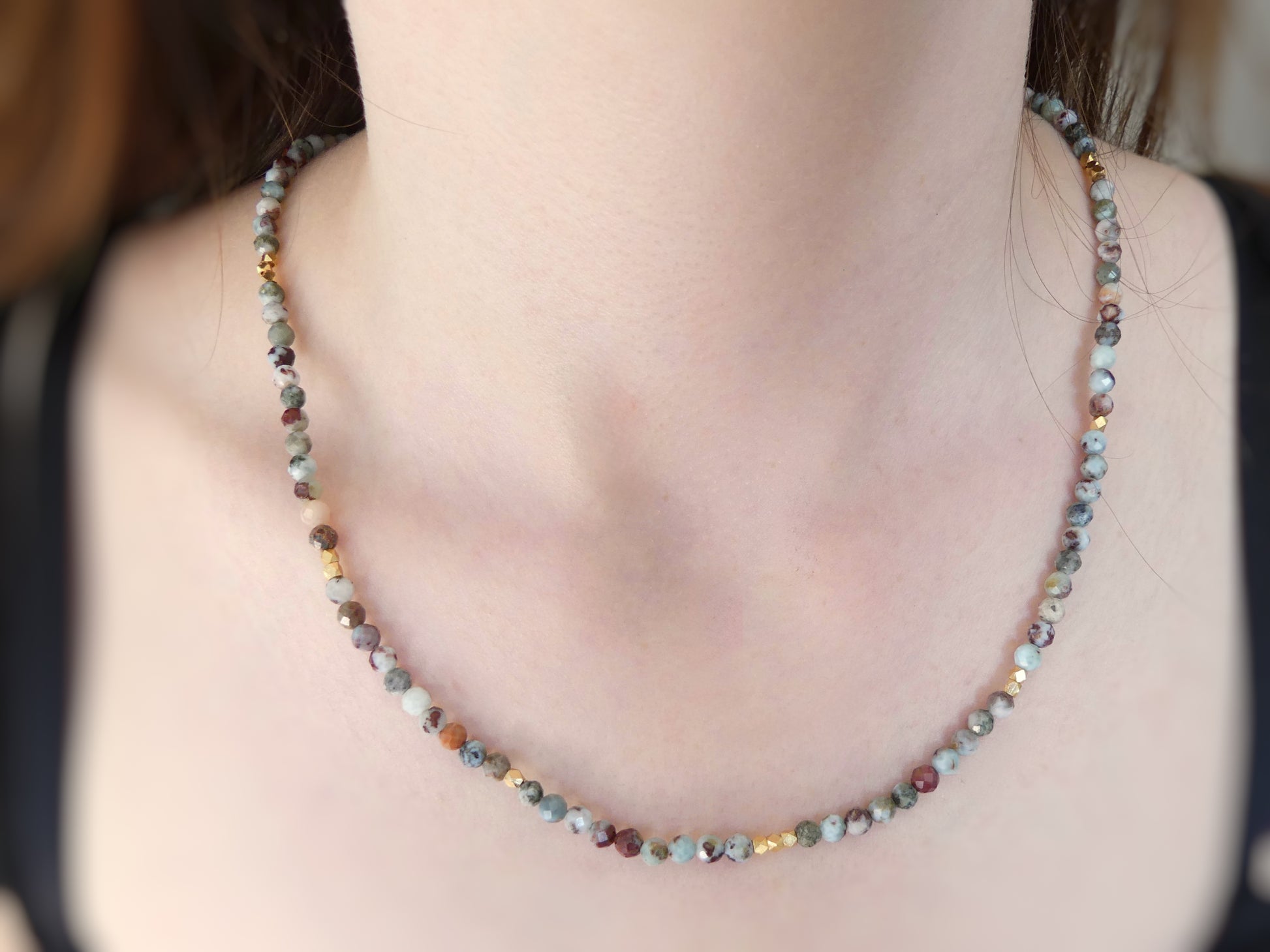 Triple wrap larimar bracelet or necklace made with 4mm faceted beads and gold vermeil accents in Caribbean ocean colors