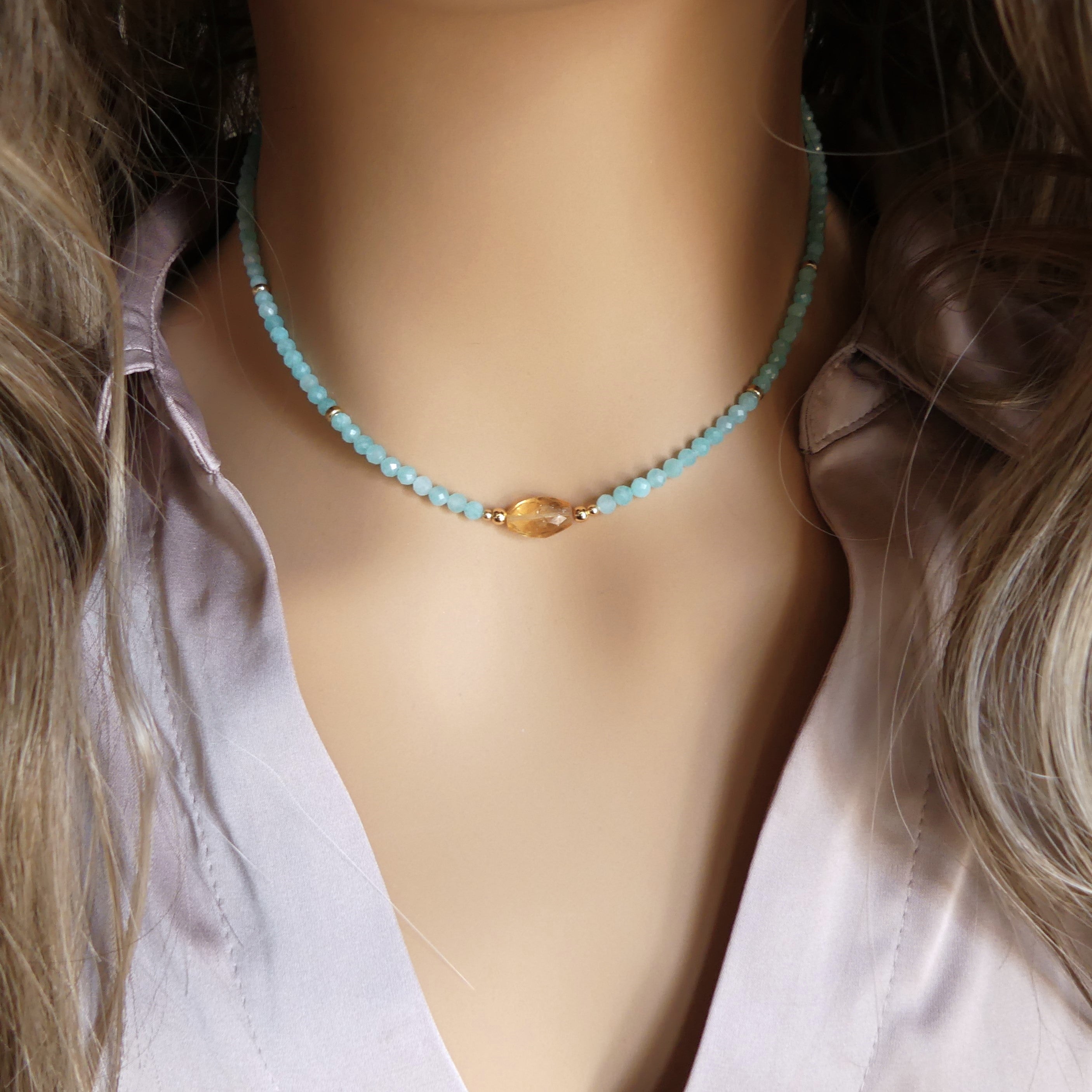 Peruvian amazonite and honey citrine dainty beaded necklace November birthstone jewelry meaningful gift unique and handmade