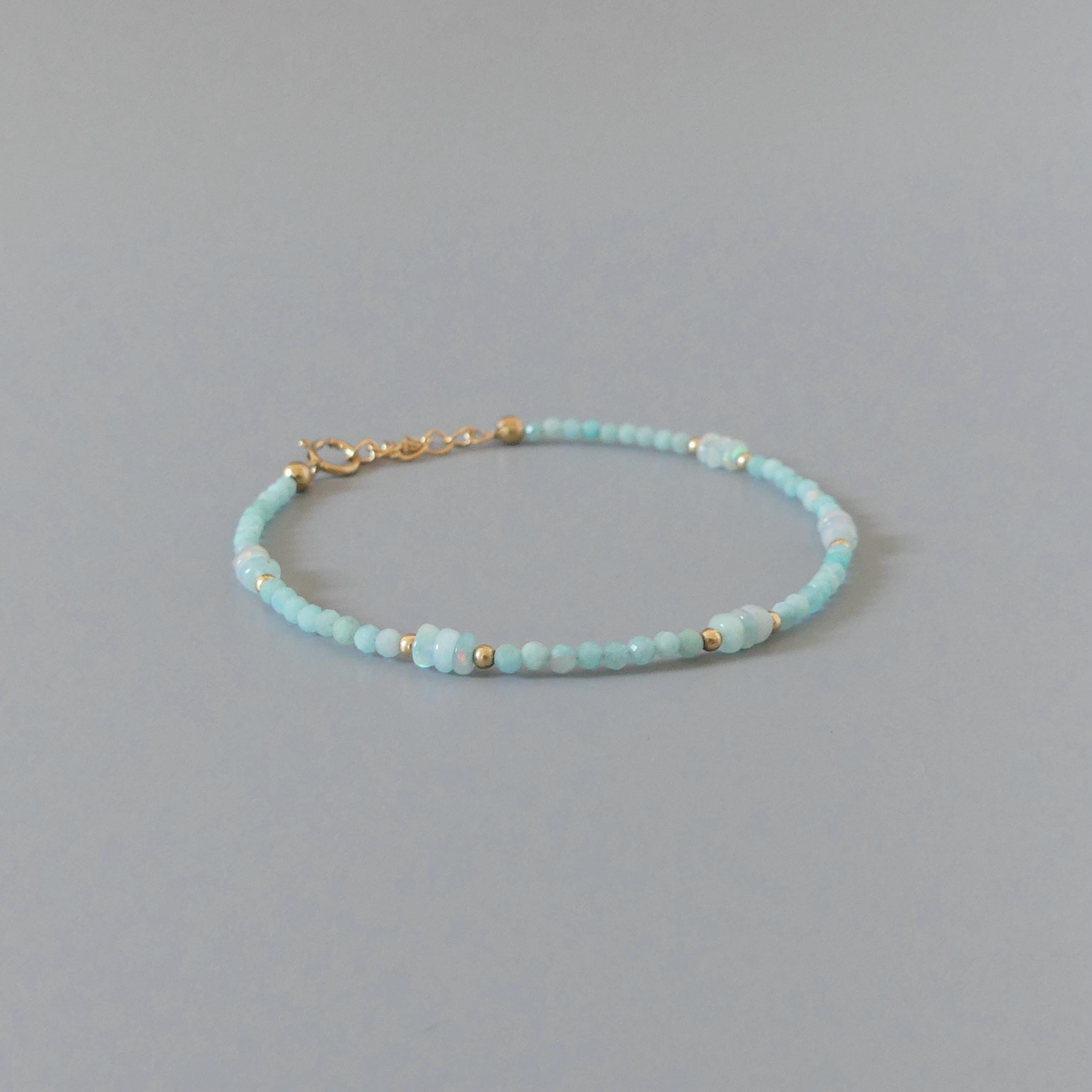 Tiny Opal Bracelet Dainty Amazonite Pastel Blue Opal Beaded Bracelet Gold Filled Minimalist Jewelry Birthstone Gift Bridesmaid Daughter Host