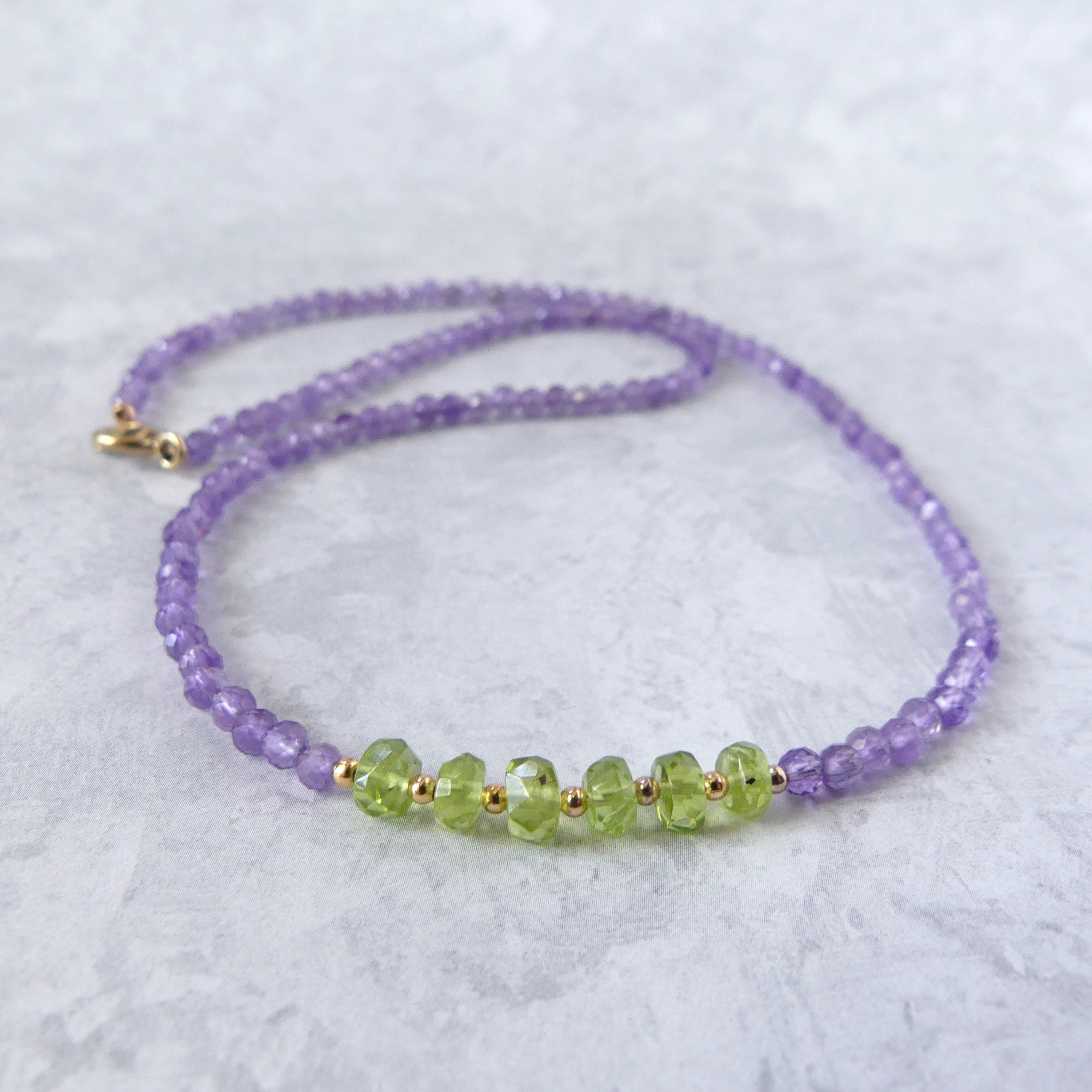 dainty amethyst and peridot beaded necklace delicate jewelry February birthstone August meaningful gift unique and handmade