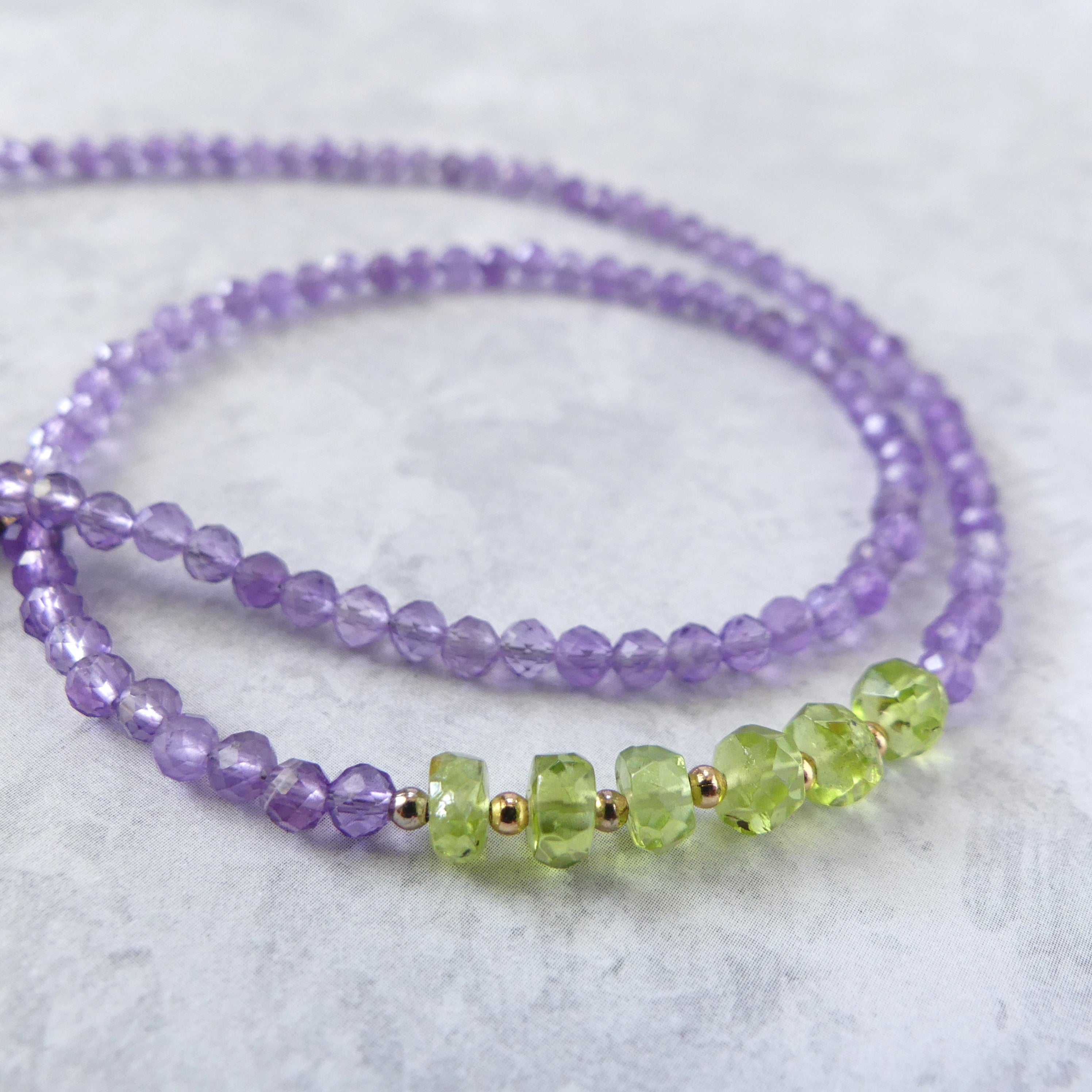 dainty amethyst and peridot beaded necklace delicate jewelry February birthstone August meaningful gift unique and handmade