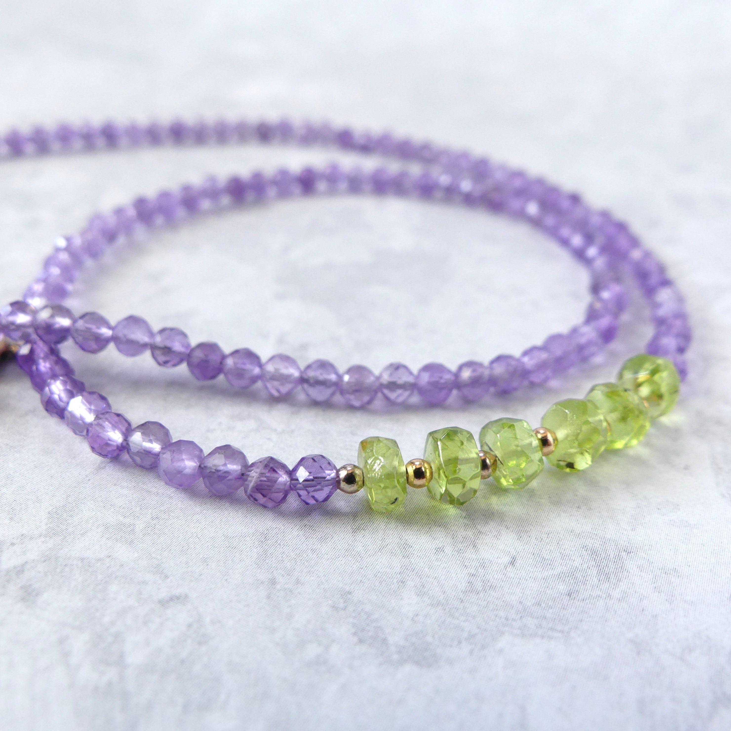 dainty amethyst and peridot beaded necklace delicate jewelry February birthstone August meaningful gift unique and handmade