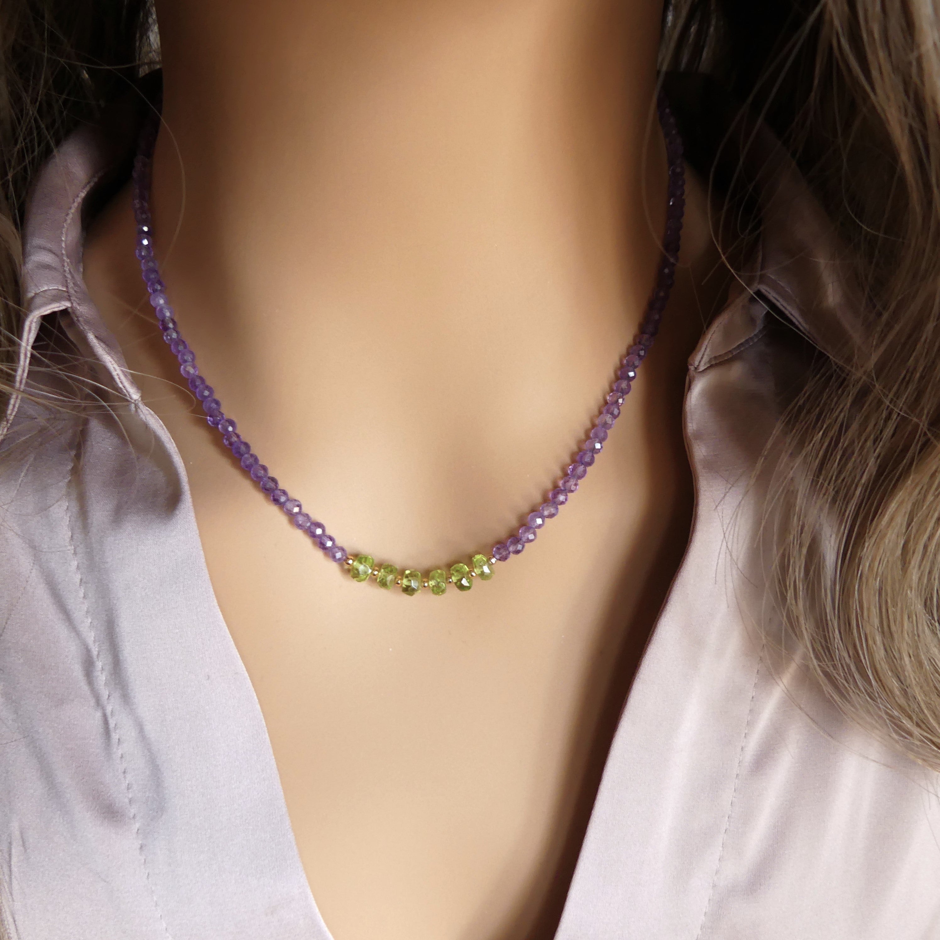 dainty amethyst and peridot beaded necklace delicate jewelry February birthstone August meaningful gift unique and handmade