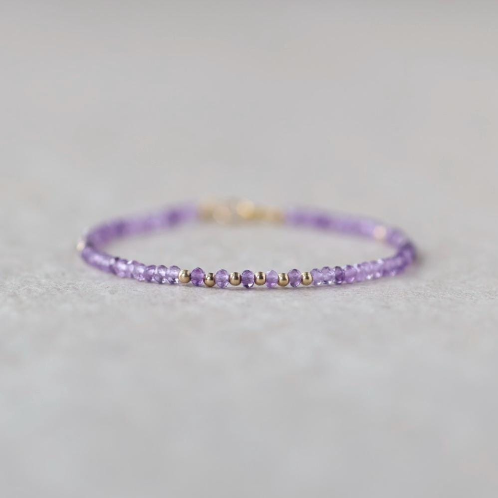 Tiny Amethyst Bracelet Dainty Gold Filled Gemstone Beaded Bracelet Purple Crystal Jewelry Boho February Birthstone Birthday Gift Mom Wife