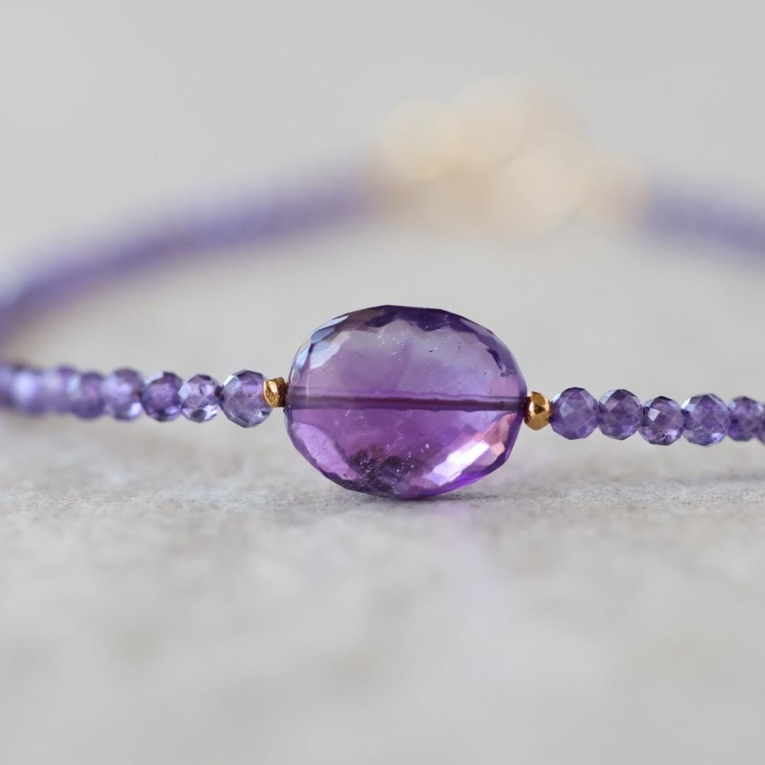 Tiny Amethyst Bracelet Dainty Gold Filled Gemstone Beaded Bracelet Purple Crystal Jewelry Boho February Birthstone Birthday Gift Mom Wife