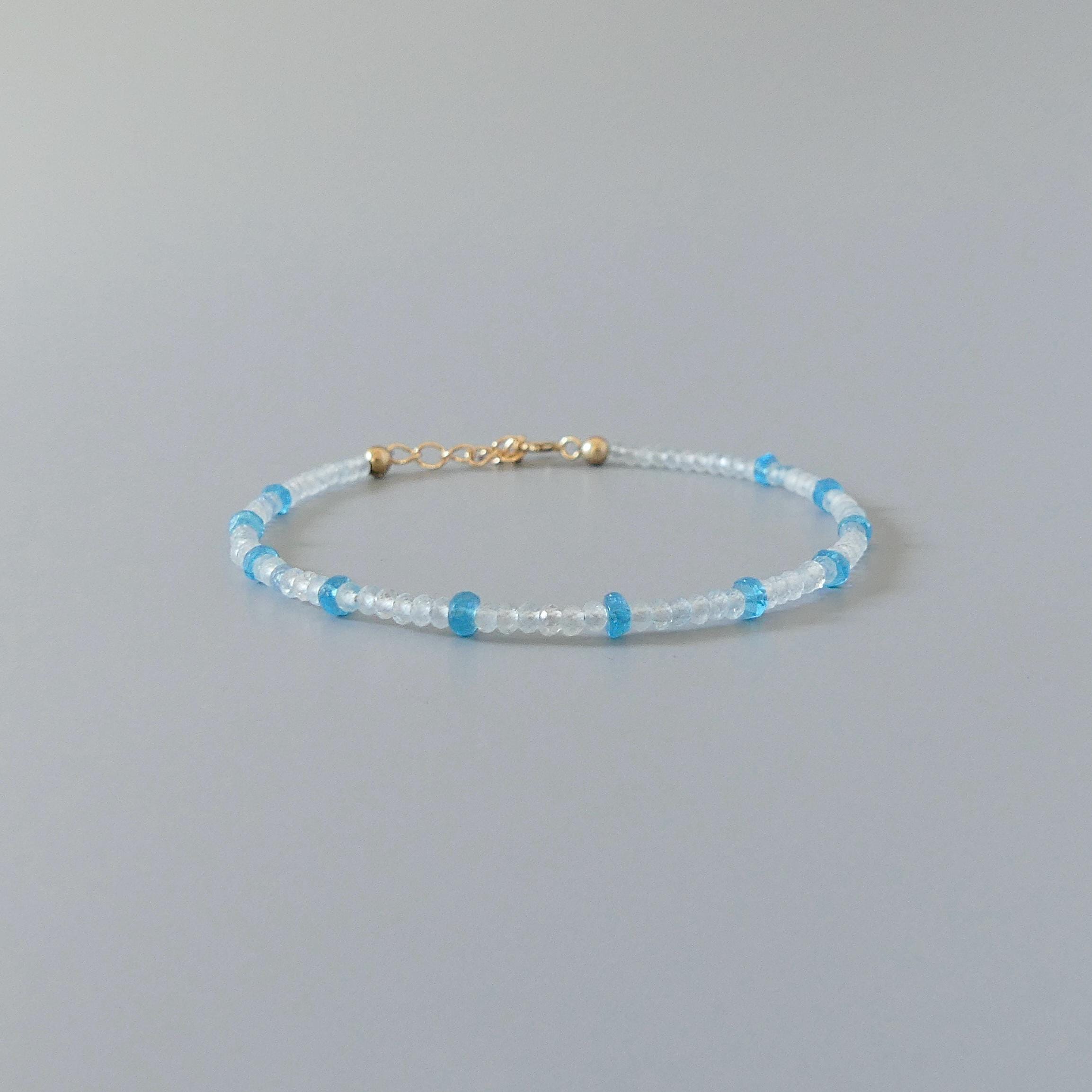 Dainty Aquamarine Bracelet Peacock Apatite Delicate Gemstone Beaded Bracelet Gold Filled Minimalist Jewelry March Birthstone Bridesmaid Gift