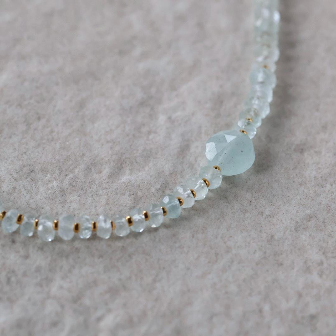 Dainty Aquamarine Necklace Beaded Choker Layering Simple Necklace Minimalist Jewelry Gift March Birthstone Mom Wife Bridesmaids