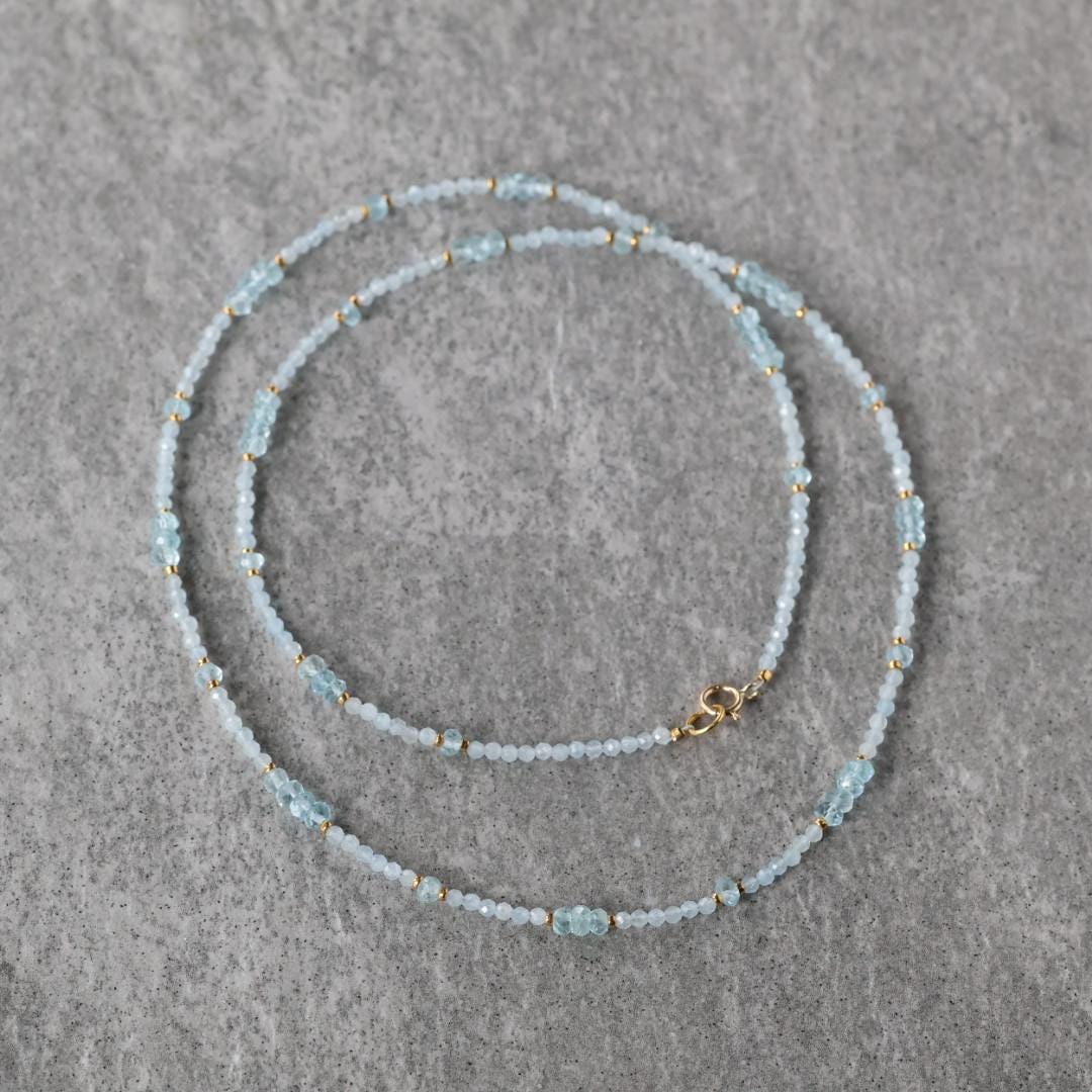 Dainty Aquamarine Necklace Beaded Choker Layering Simple Necklace Minimalist Jewelry Gift March Birthstone Mom Wife Bridesmaids
