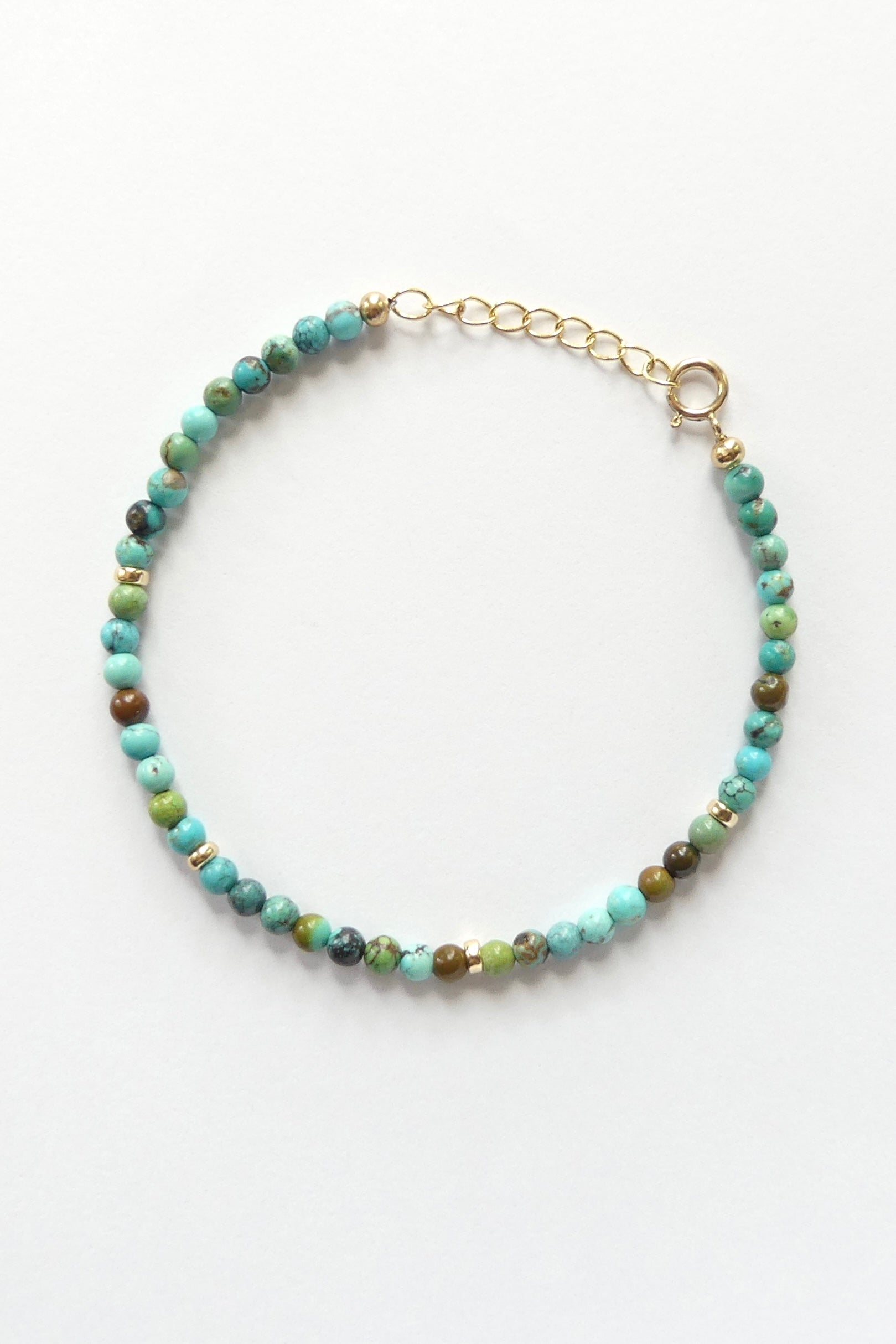3mm natural Arizona turquoise bracelet with gold filled beads and adjustable clasp, handmade dainty December birthstone jewelry 6.5 to 8 inch