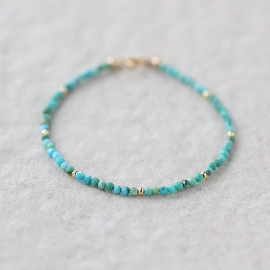 Tiny Arizona Turquoise Bracelet Dainty Gemstone Beaded Bracelet Blue Crystal December Birthstone Jewelry Minimalist Birthday Gift Bride Wife