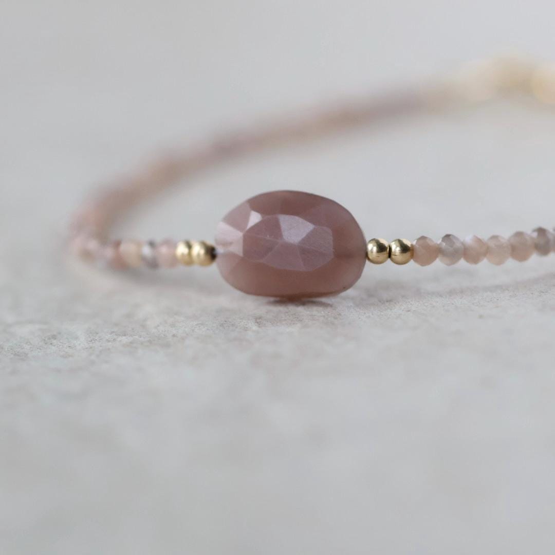 Tiny Chocolate Moonstone Bracelet Dainty Gemstone Beaded Jewelry Minimalist June Birthstone Birthday Gift for Women Mom Wife Friend Daughter