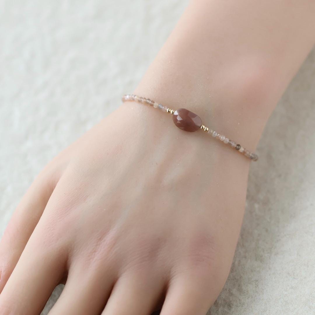 Tiny Chocolate Moonstone Bracelet Dainty Gemstone Beaded Jewelry Minimalist June Birthstone Birthday Gift for Women Mom Wife Friend Daughter