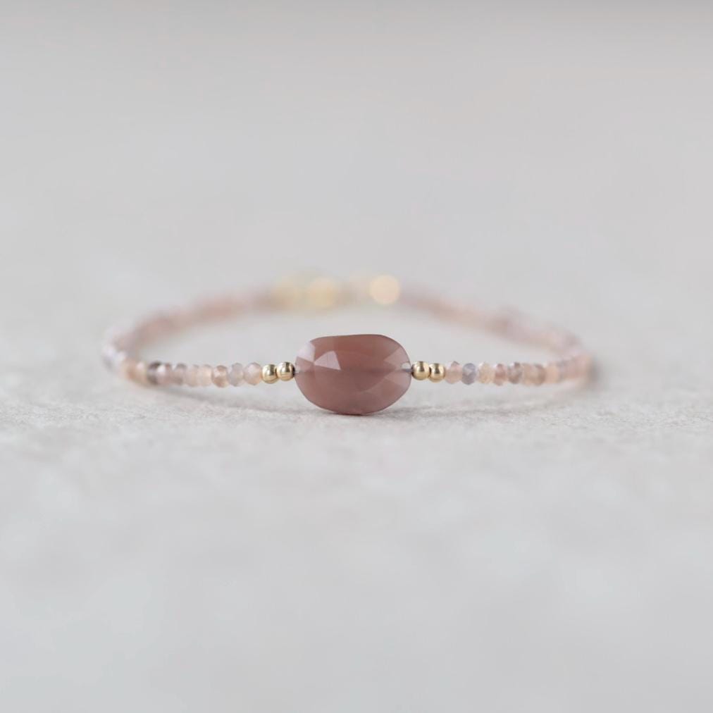 Tiny Chocolate Moonstone Bracelet Dainty Gemstone Beaded Jewelry Minimalist June Birthstone Birthday Gift for Women Mom Wife Friend Daughter
