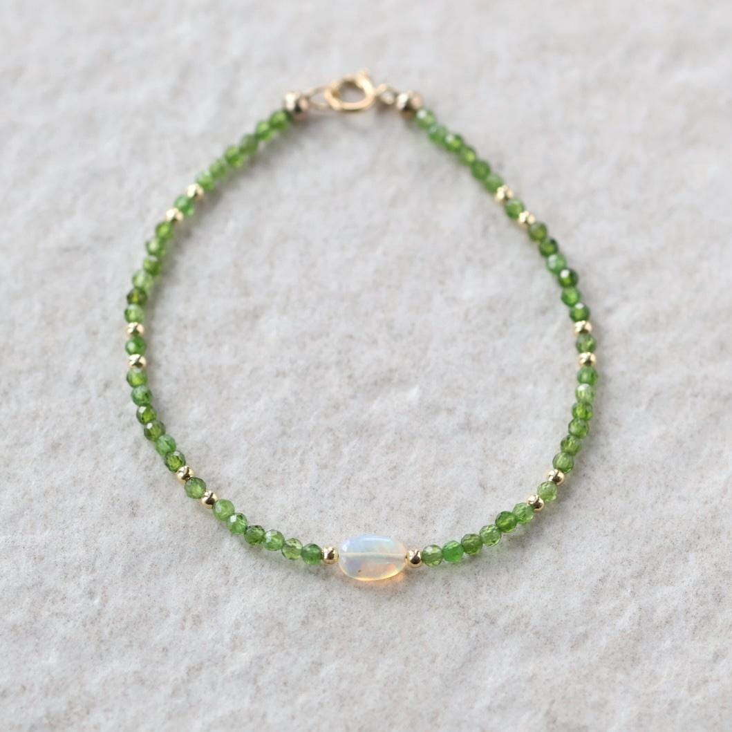 Tiny Opal Bracelet Dainty Diopside Gemstone Beaded Jewelry Green Crystal October Birthstone Minimalist Jewelry Birthday Gift for Wife Mom