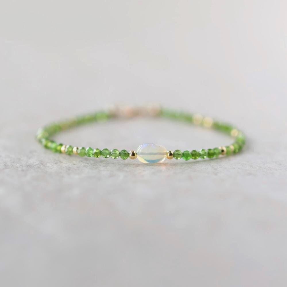 Tiny Opal Bracelet Dainty Diopside Gemstone Beaded Jewelry Green Crystal October Birthstone Minimalist Jewelry Birthday Gift for Wife Mom