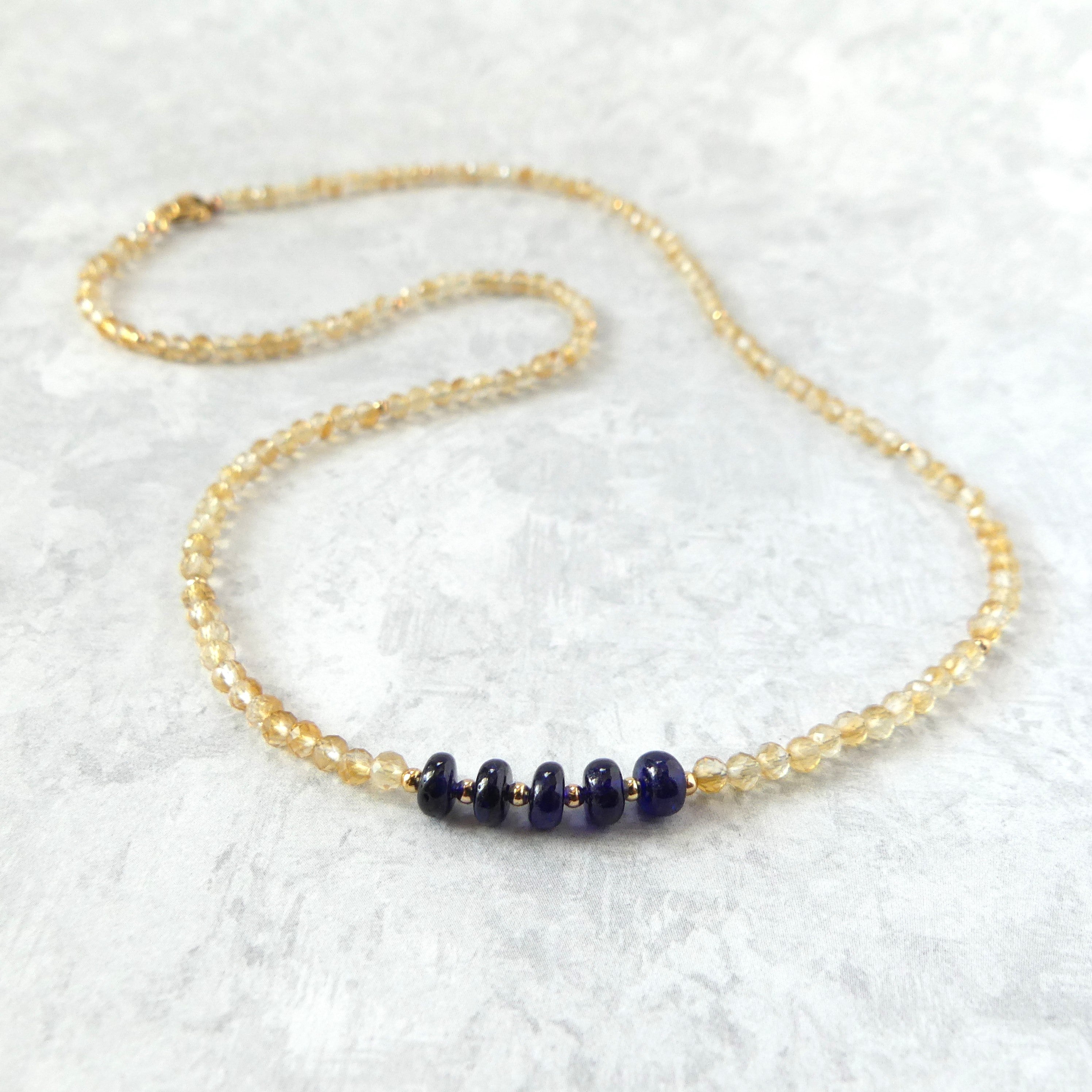 dainty citrine and sapphire beaded necklace meaningful gift unique November birthstone jewelry handmade