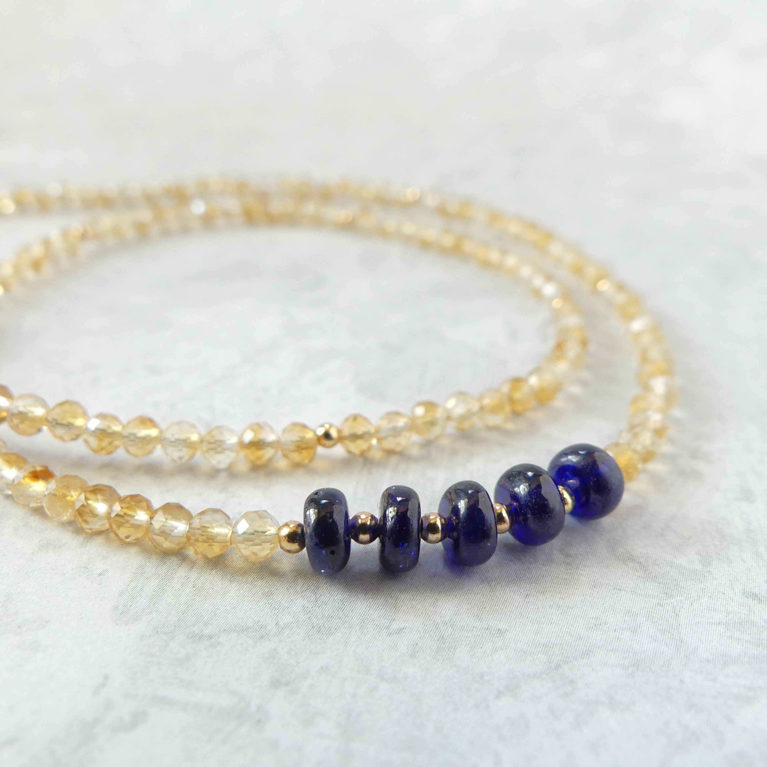 dainty citrine and sapphire beaded necklace meaningful gift unique November birthstone jewelry handmade