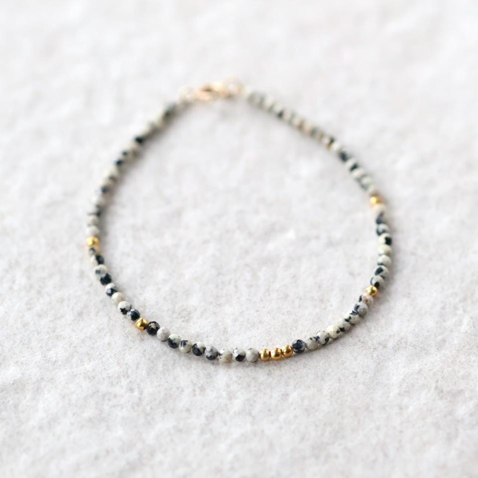 Tiny Dalmatian Jasper Bracelet Dainty Spotted Jasper Gemstone Beaded Bracelet Trendy Crystal Jewelry Minimalist Birthday for Women Sister