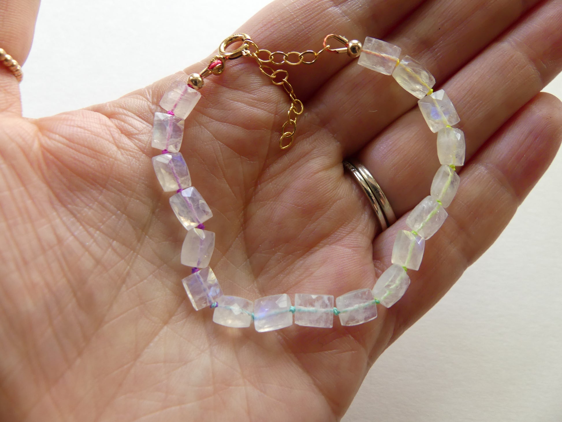 AAA Rainbow Moonstone Bracelet Knotted on Silk
