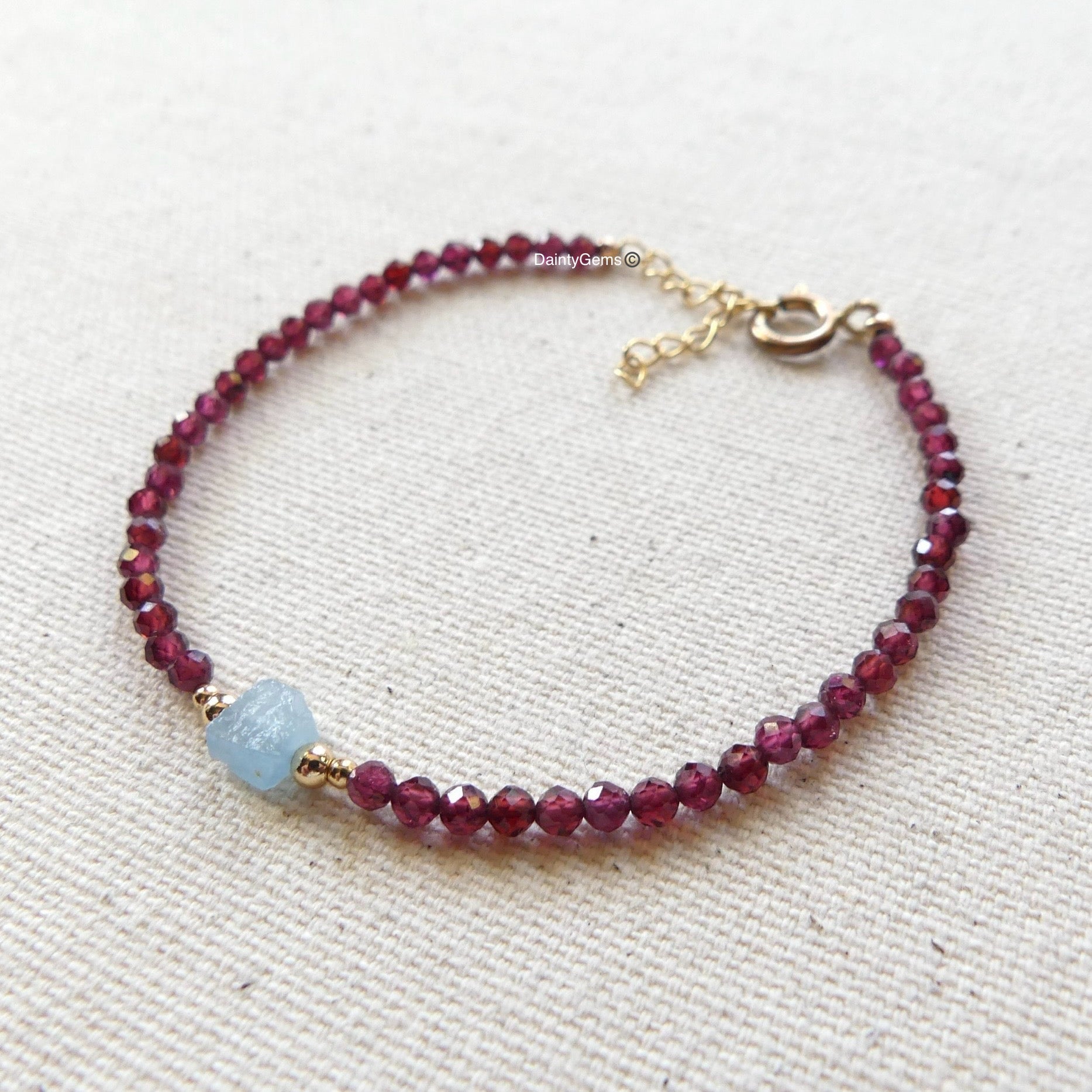 santa maria aquamarine and garnet dainty bracelet March birthstone January jewelry unique gift meaningful handmade small business