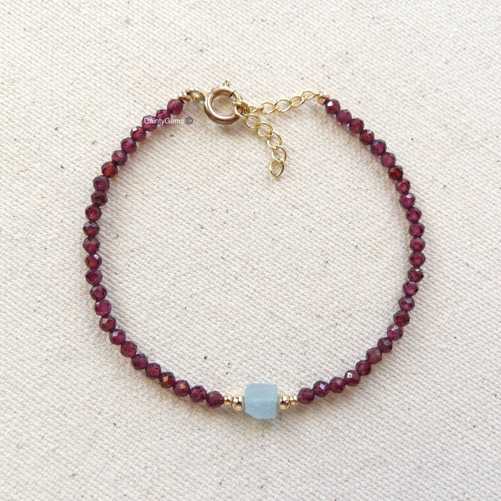 santa maria aquamarine and garnet dainty bracelet March birthstone January jewelry unique gift meaningful handmade small business