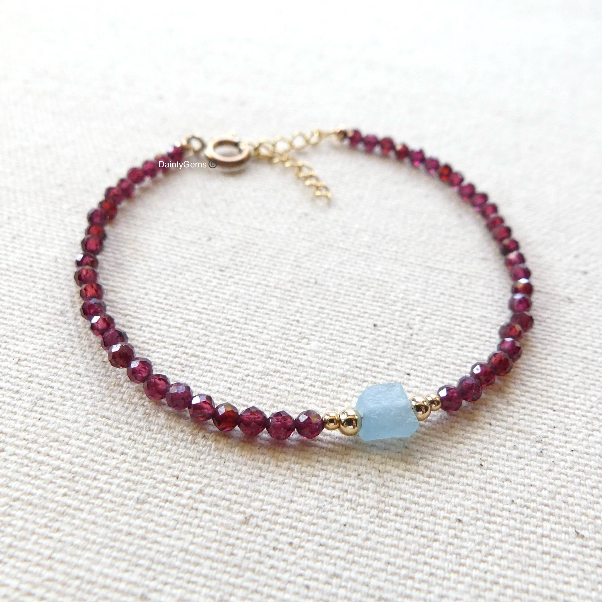 santa maria aquamarine and garnet dainty bracelet March birthstone January jewelry unique gift meaningful handmade small business