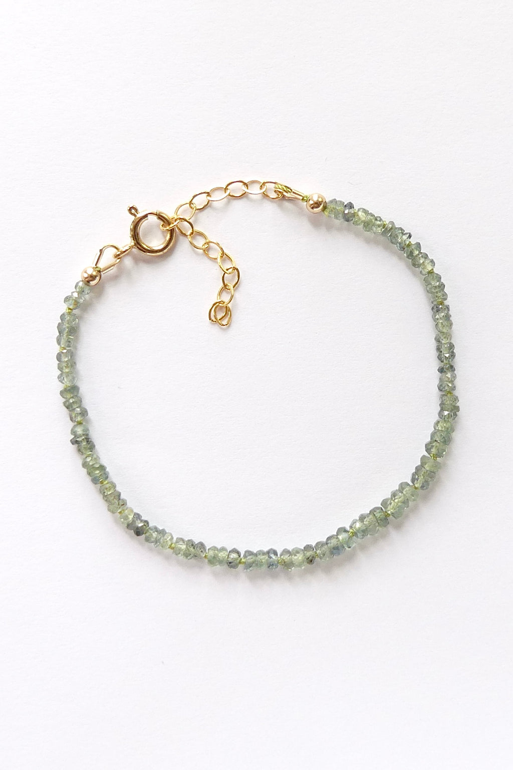Songea green sapphire bracelet, 3–3.5mm dainty silk knotted beads with gold filled clasp and extender, handmade adjustable September birthstone jewelry