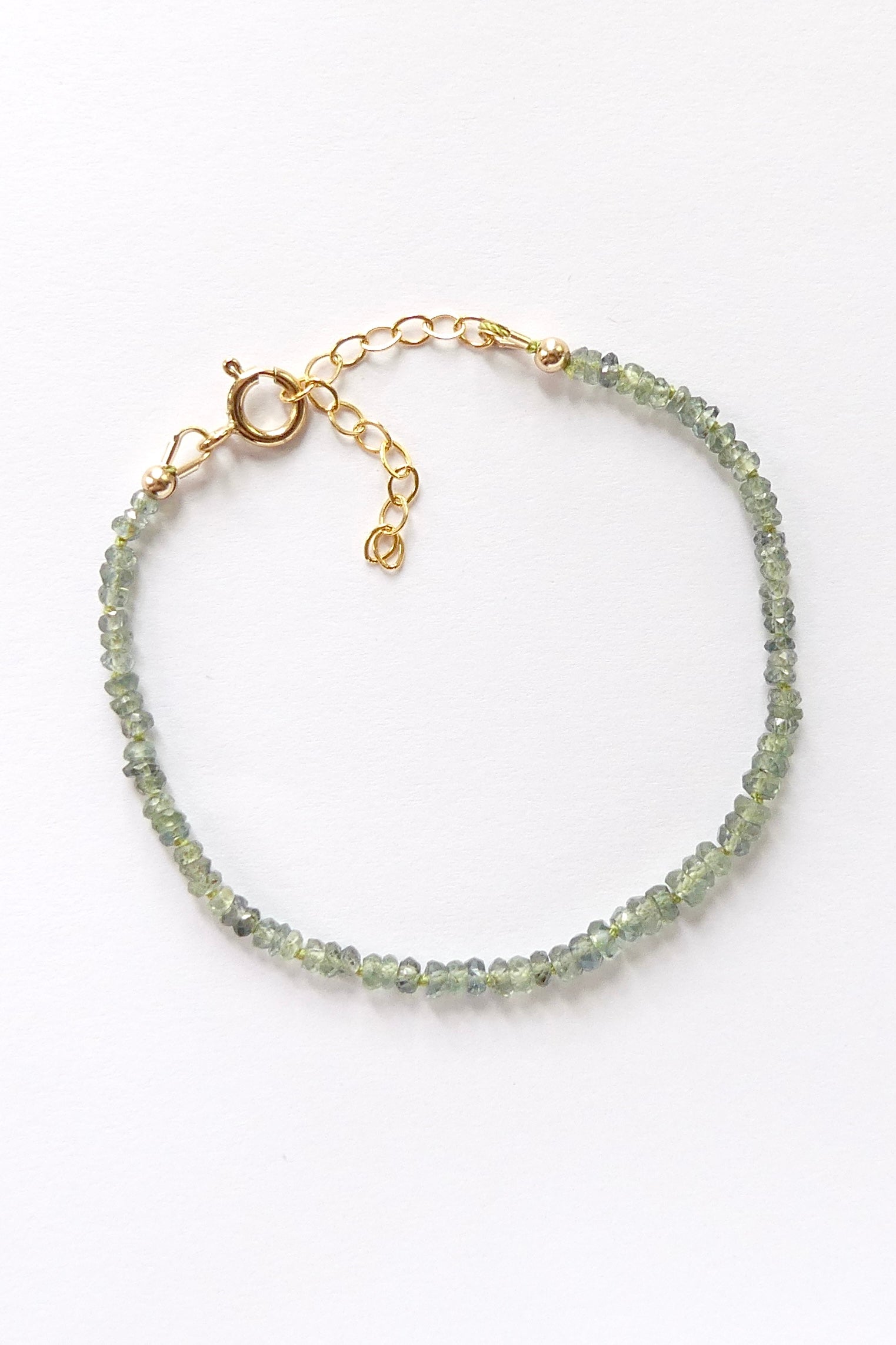 Songea green sapphire bracelet, 3–3.5mm dainty silk knotted beads with gold filled clasp and extender, handmade adjustable September birthstone jewelry
