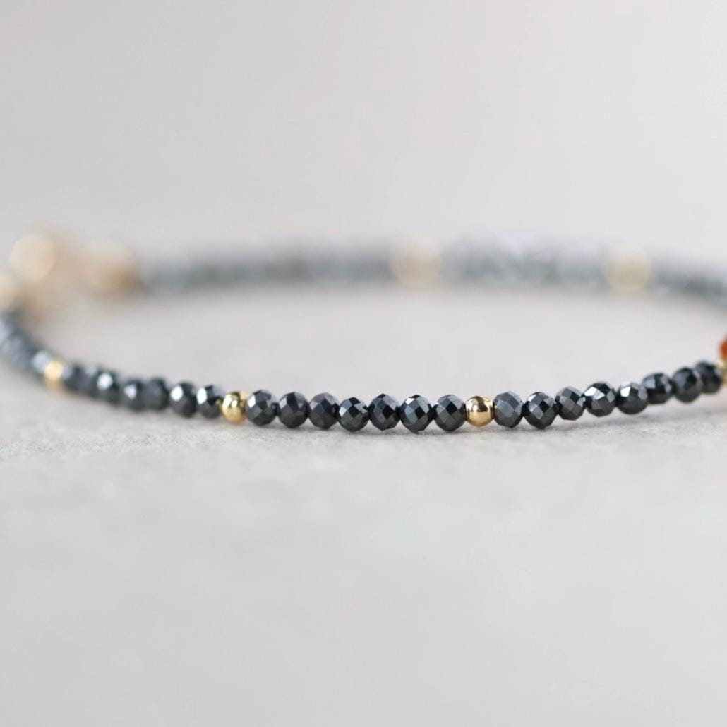 Tiny Hematite Bracelet Dainty Gemstone Beaded Bracelet Madeira Citrine Crystal Jewelry Minimalist Stacking Birthday Gift for Women Daughter