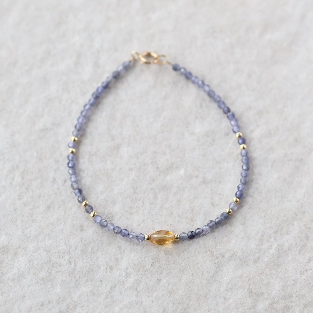 Tiny Iolite Bracelet Dainty Citrine Gemstone Beaded Bracelet Blue Crystal Jewelry Minimalist November Birthstone Birthday Gift for Women