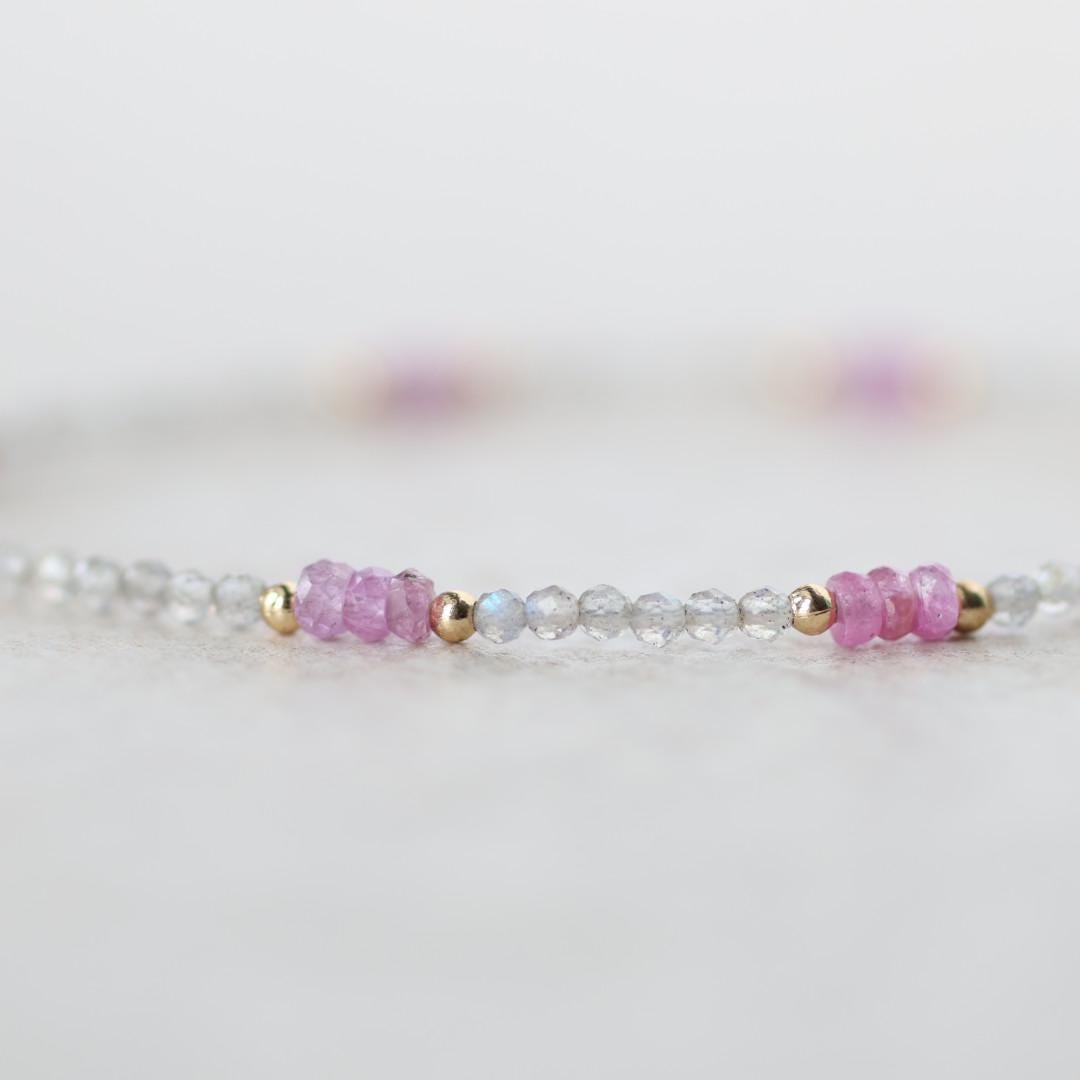 Tiny Pink Sapphire Bracelet Dainty Labradorite Gemstone Beaded Bracelet Pink Crystal Jewelry Minimalist September Birthstone Birthday Gift
