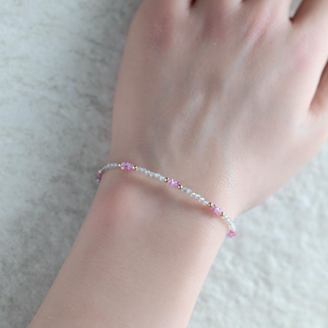 Tiny Pink Sapphire Bracelet Dainty Labradorite Gemstone Beaded Bracelet Pink Crystal Jewelry Minimalist September Birthstone Birthday Gift