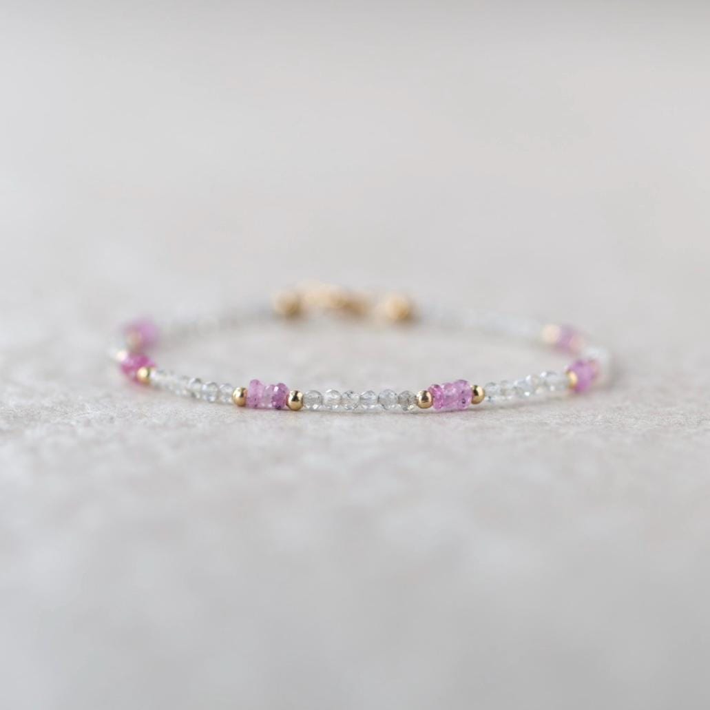 Tiny Pink Sapphire Bracelet Dainty Labradorite Gemstone Beaded Bracelet Pink Crystal Jewelry Minimalist September Birthstone Birthday Gift