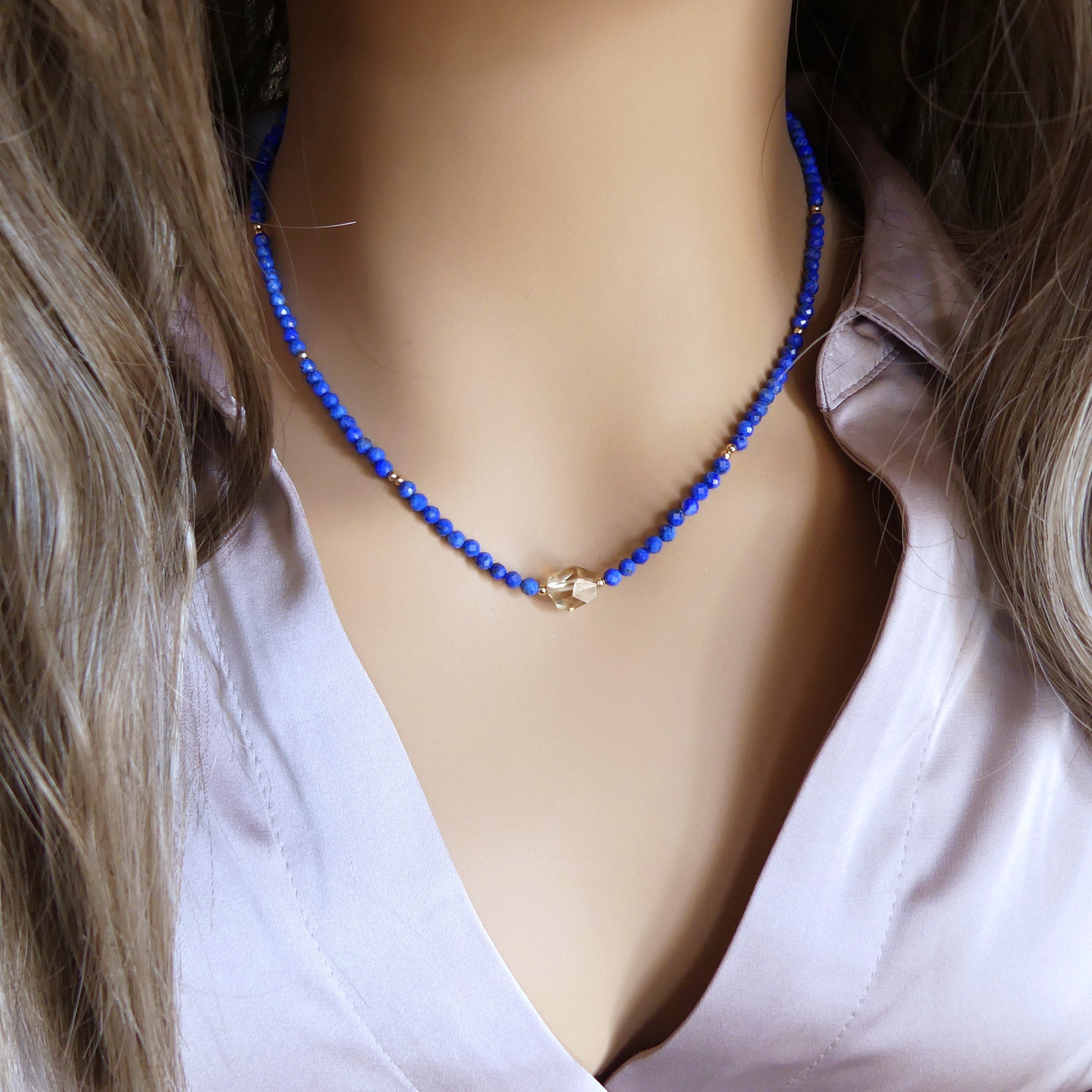 dainty lapis lazuli beaded necklace with champagne citrine November birthstone jewelry meaningful gift unique and handmade