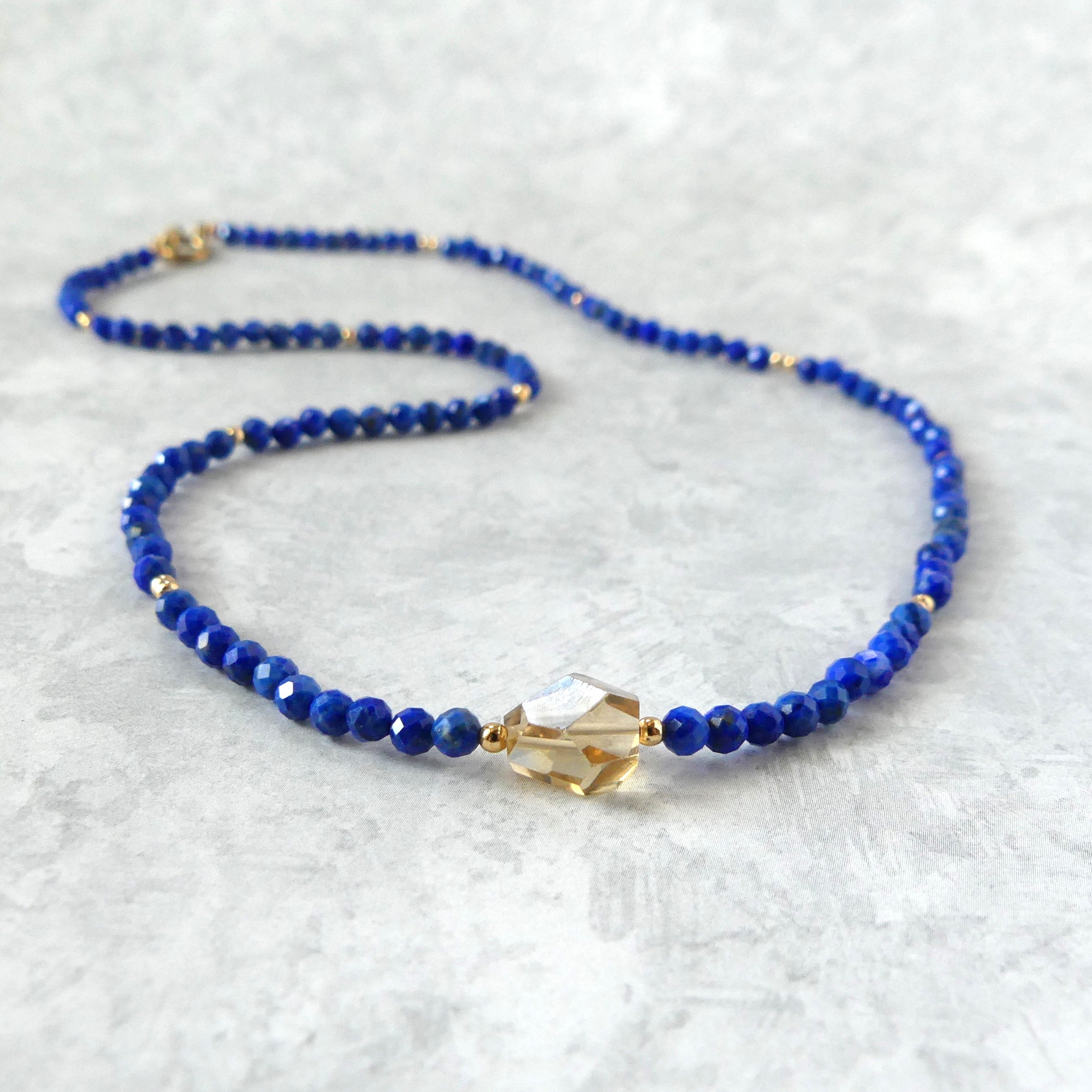 dainty lapis lazuli beaded necklace with champagne citrine November birthstone jewelry meaningful gift unique and handmade