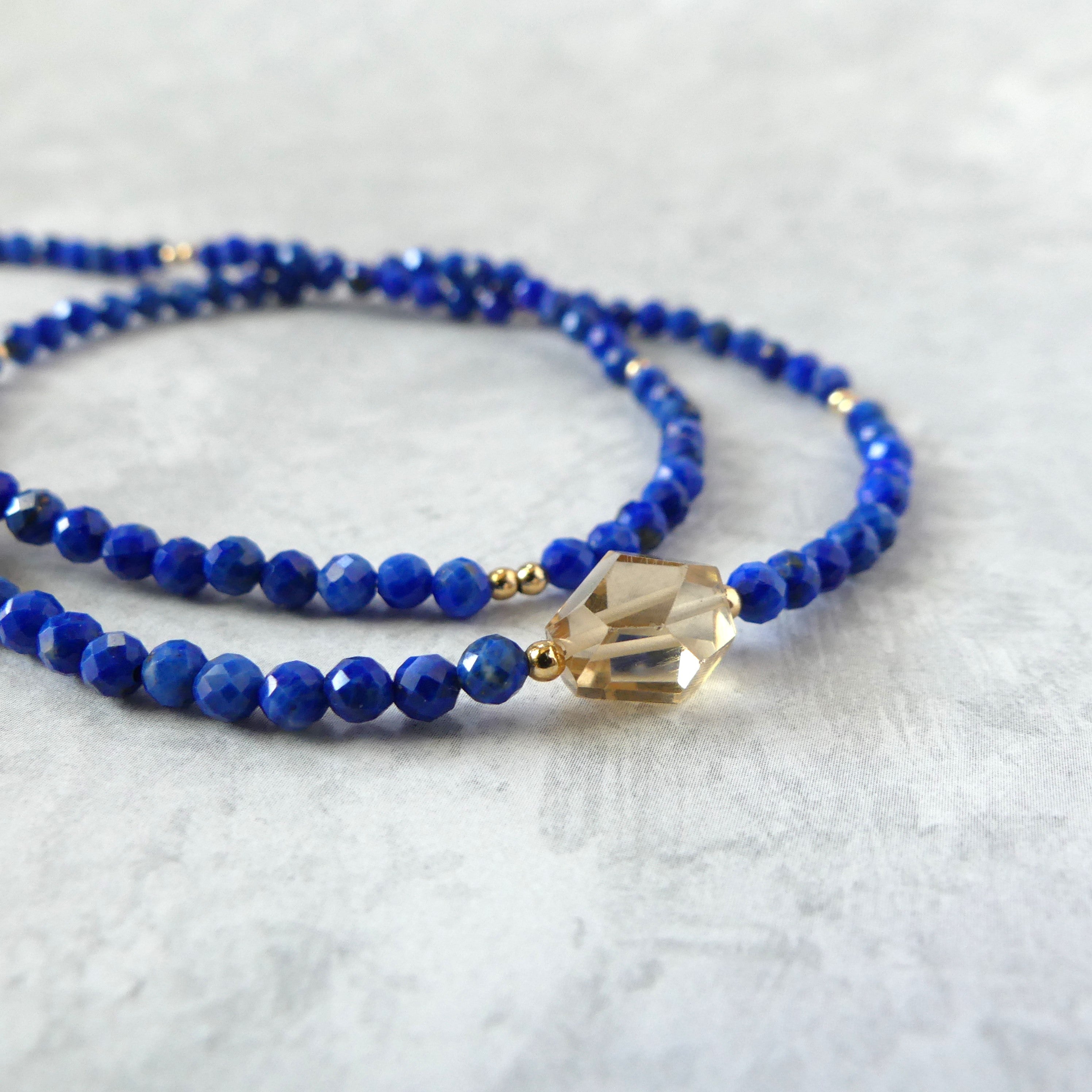 dainty lapis lazuli beaded necklace with champagne citrine November birthstone jewelry meaningful gift unique and handmade