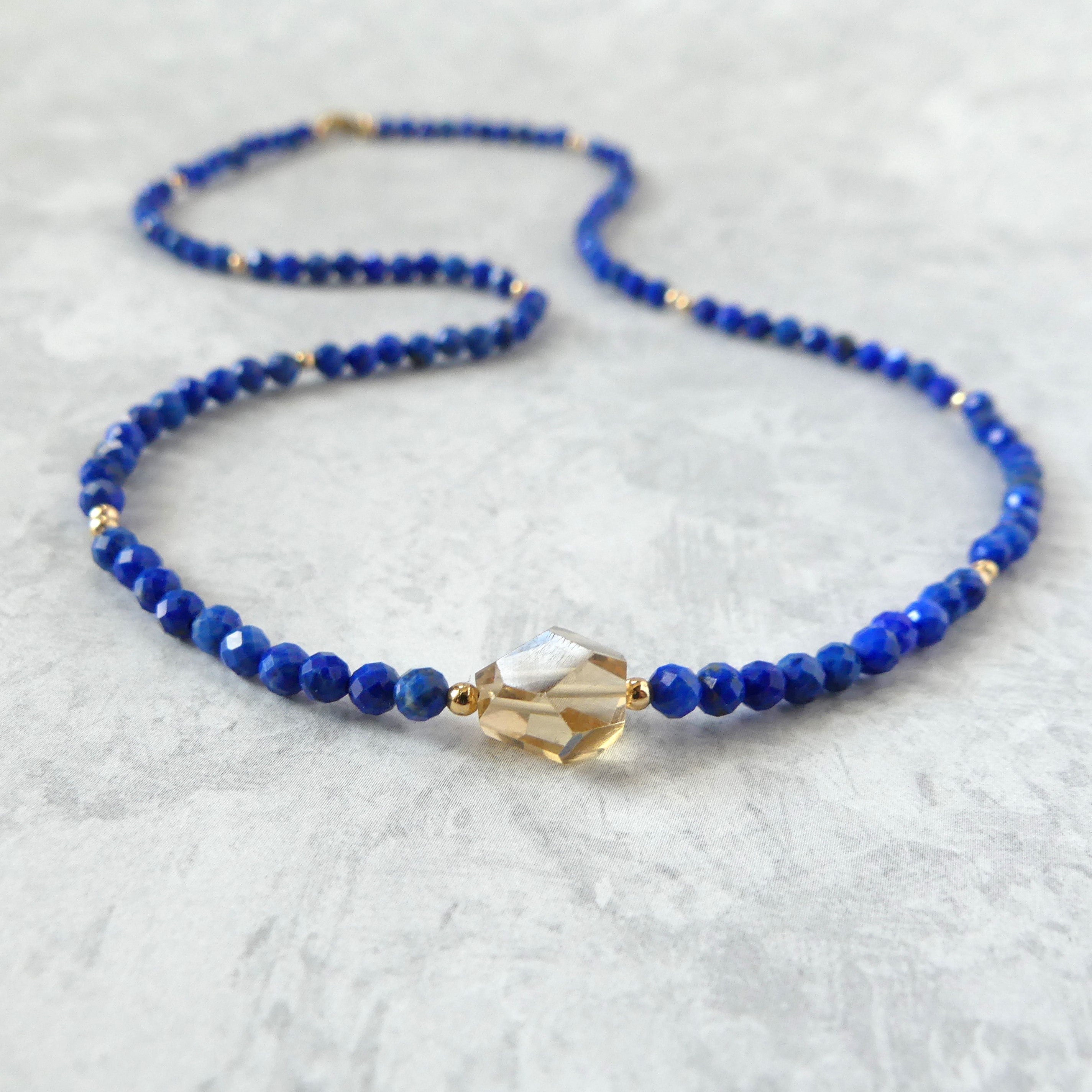 dainty lapis lazuli beaded necklace with champagne citrine November birthstone jewelry meaningful gift unique and handmade