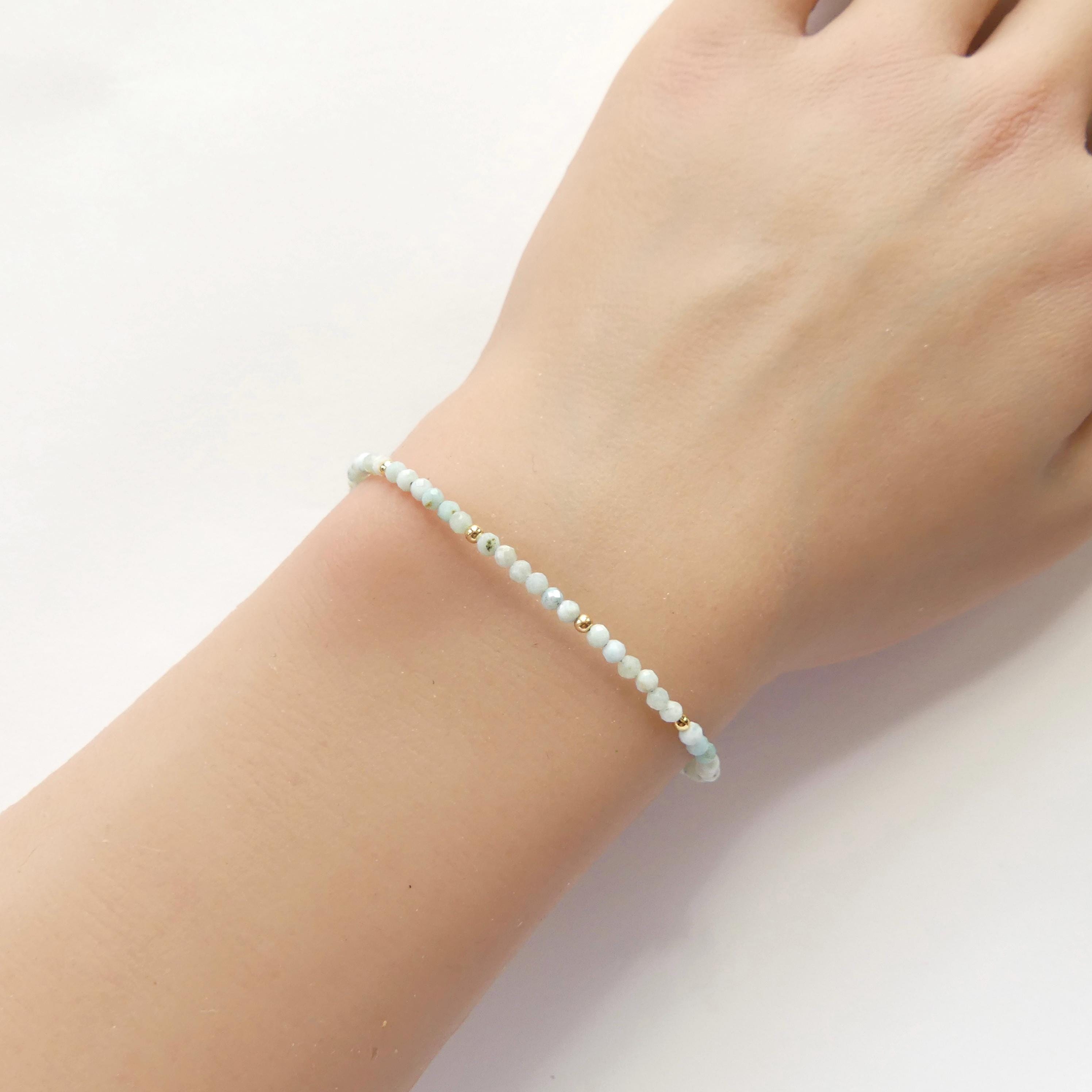 Tiny Larimar Bracelet Dainty Gemstone Beaded Bracelet Minimalist Light Blue Stacking Crystal Jewelry Birthday Gift for Wife Mom Bridesmaid
