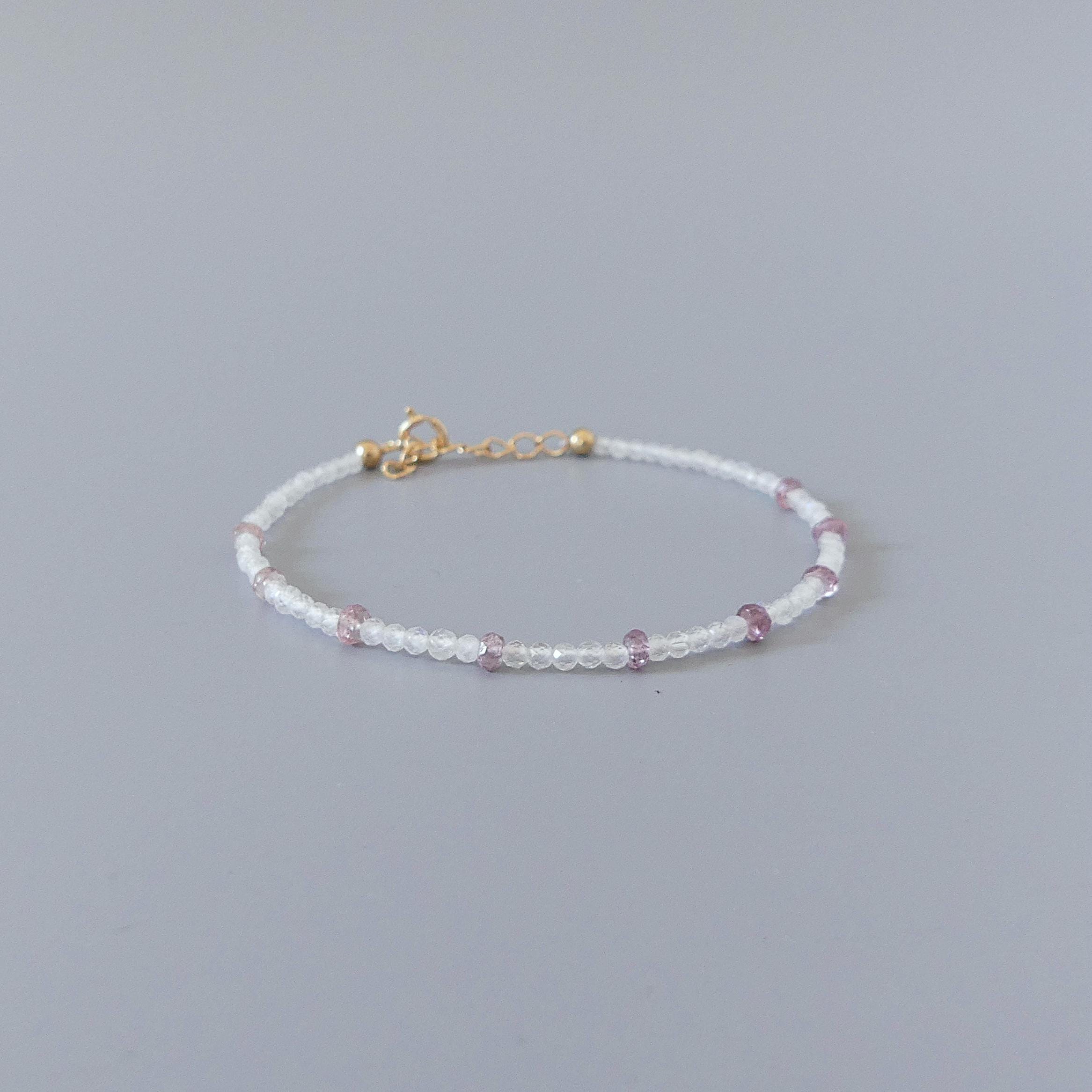 Tiny Moonstone Bracelet Dainty Malaya Pink Garnet Gemstone Beaded Jewelry Minimalist Gold Filled Bracelet for Women Mom Wife Bridesmaid Gift