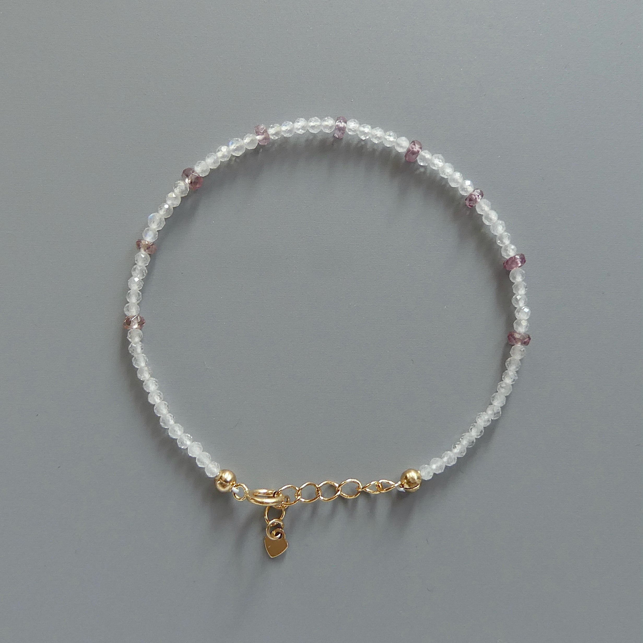 Tiny Moonstone Bracelet Dainty Malaya Pink Garnet Gemstone Beaded Jewelry Minimalist Gold Filled Bracelet for Women Mom Wife Bridesmaid Gift