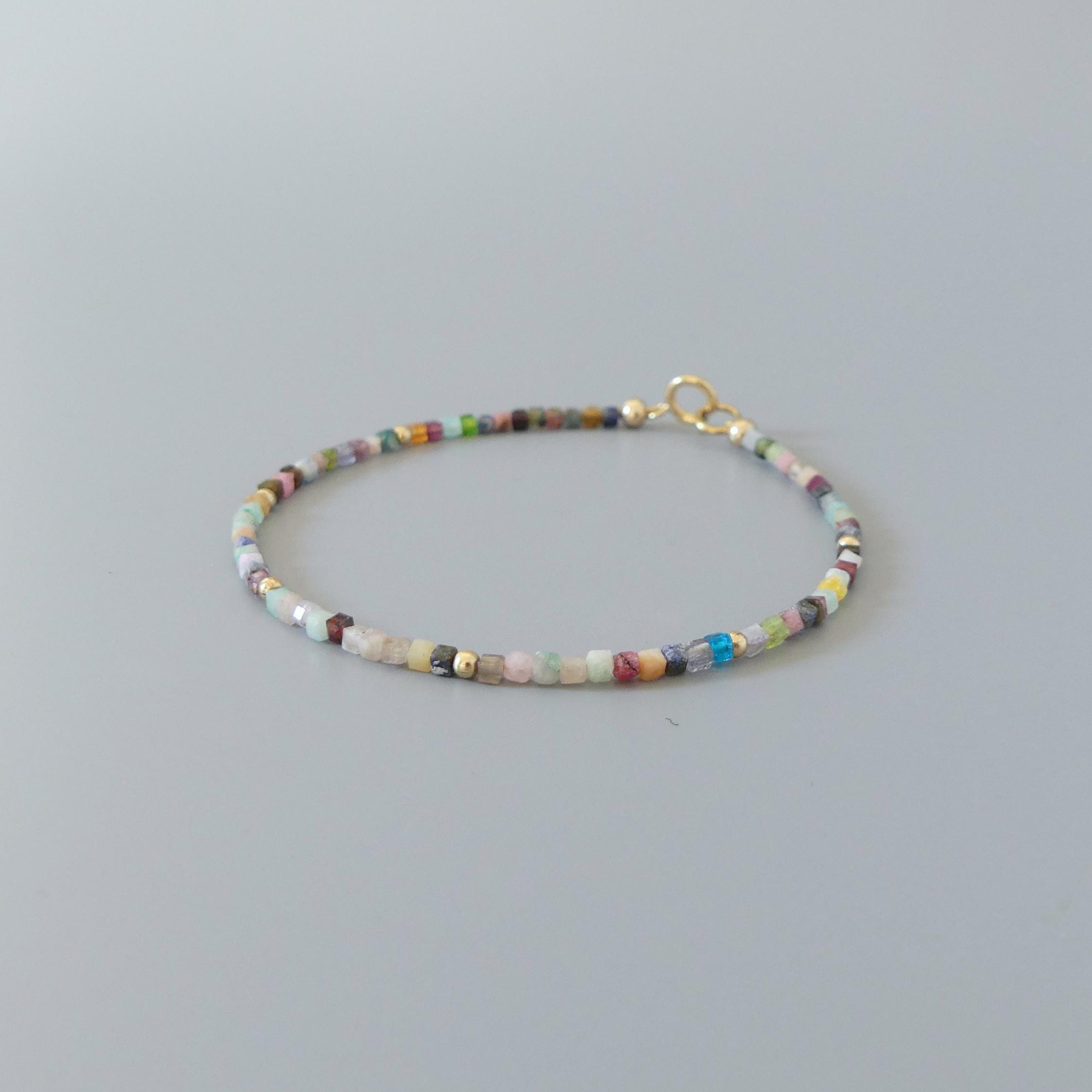 Tiny Colorful Bracelet Dainty Rainbow Bracelet Gold Filled Stacking Multi Gemstone Bead Bracelet Minimalist Birthday Gift Teen Girl Women