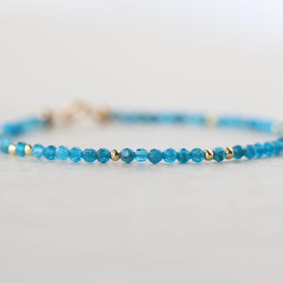 Tiny Neon Apatite Bracelet Dainty Gemstone Beaded Bracelet Blue Crystal Jewelry Minimalist Boho Chic Birthday Gift for Mom Wife Bridesmaids