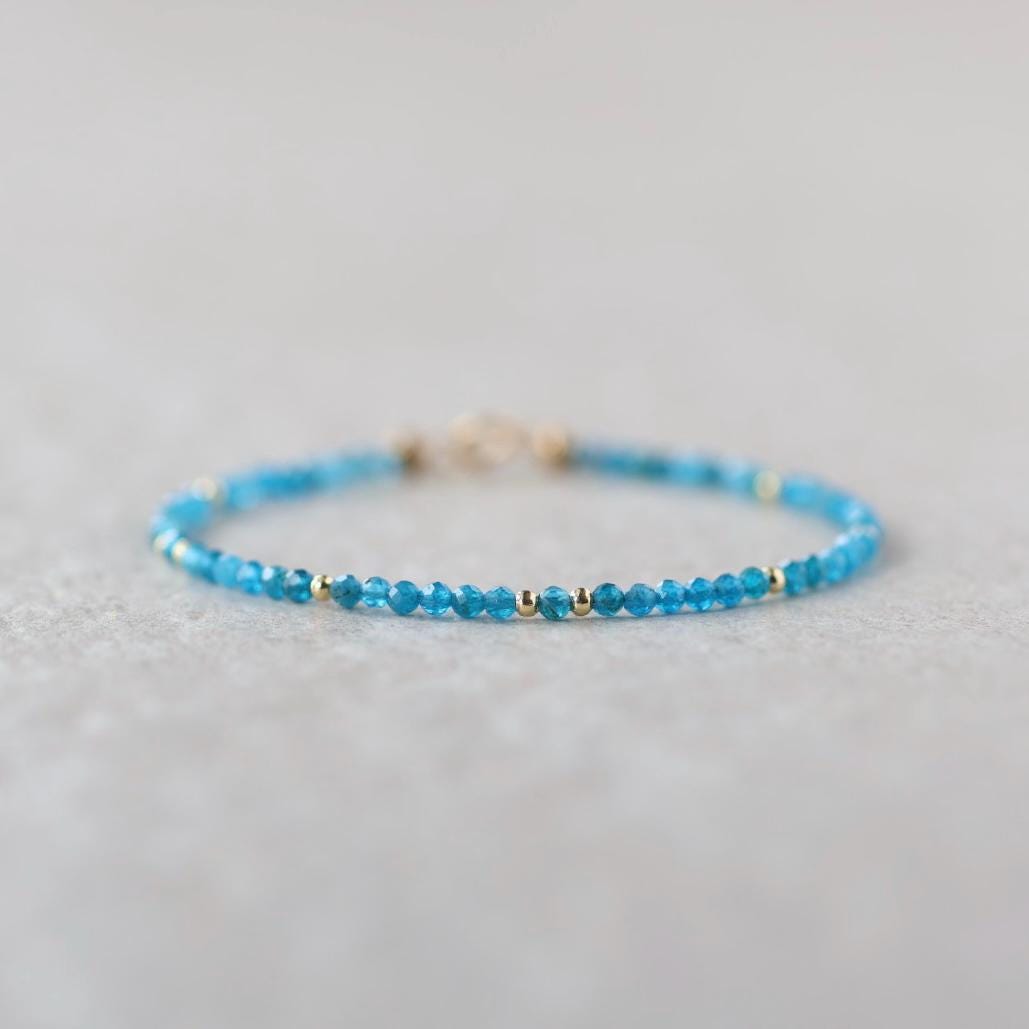 Tiny Neon Apatite Bracelet Dainty Gemstone Beaded Bracelet Blue Crystal Jewelry Minimalist Boho Chic Birthday Gift for Mom Wife Bridesmaids