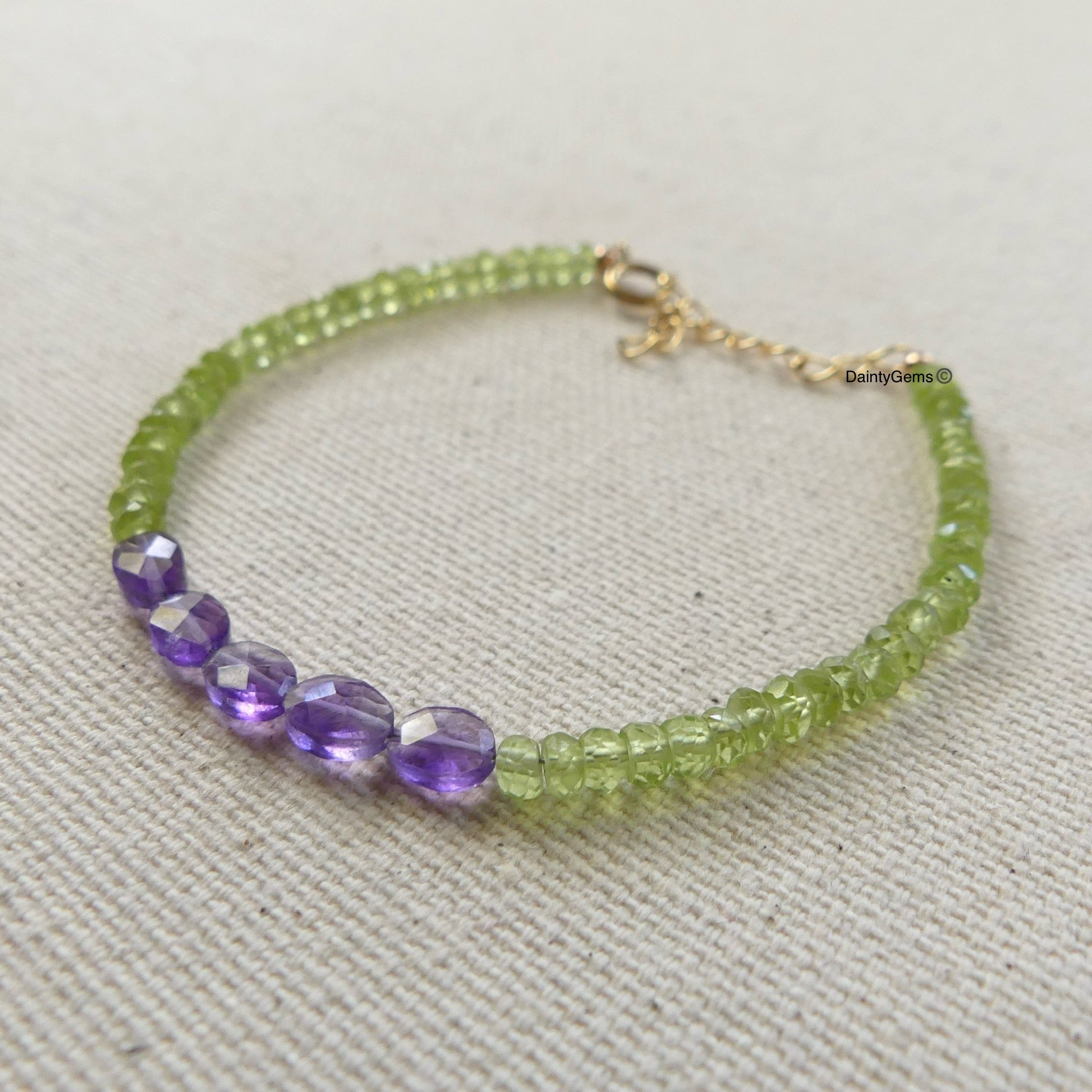 dainty peridot bracelet with amethyst delicate jewelry August birthstone February meaningful gift unique and handmade