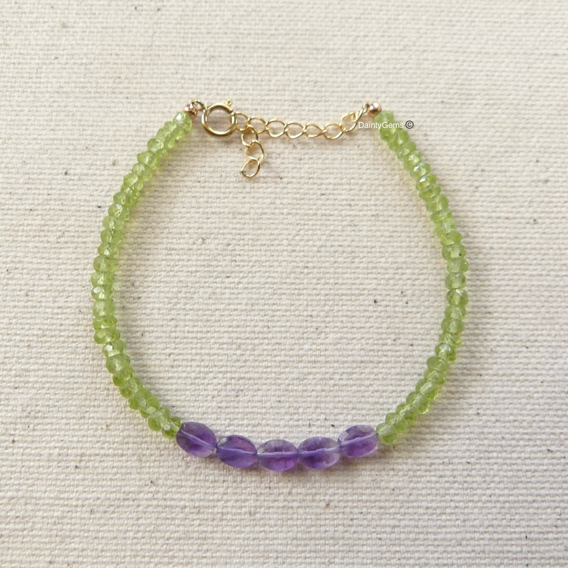 dainty peridot bracelet with amethyst delicate jewelry August birthstone February meaningful gift unique and handmade